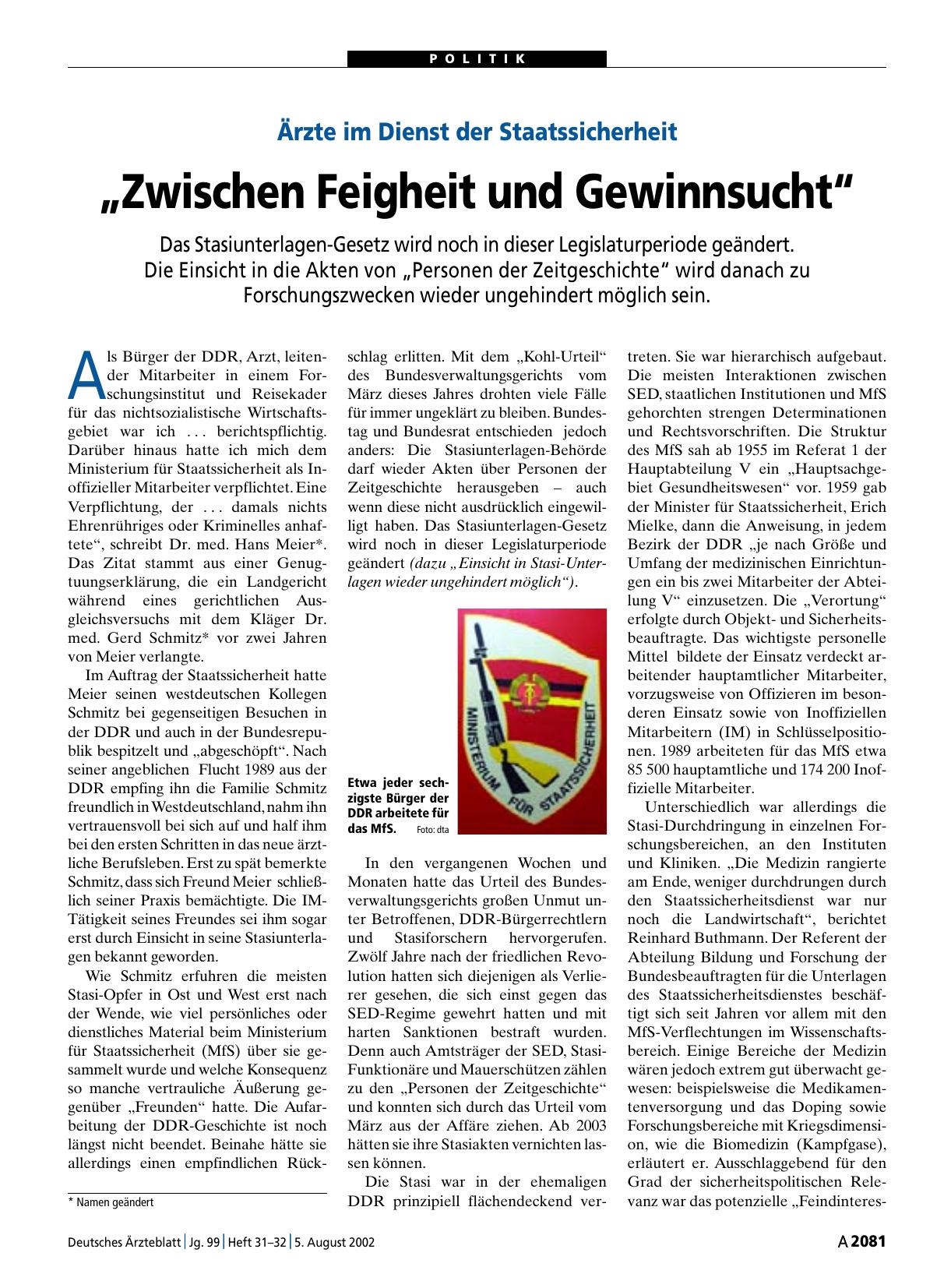 Vorschauseite 1: Ärzte im Dienst der Staatssicherheit – „Zwischen Feigheit und Gewinnsucht“
