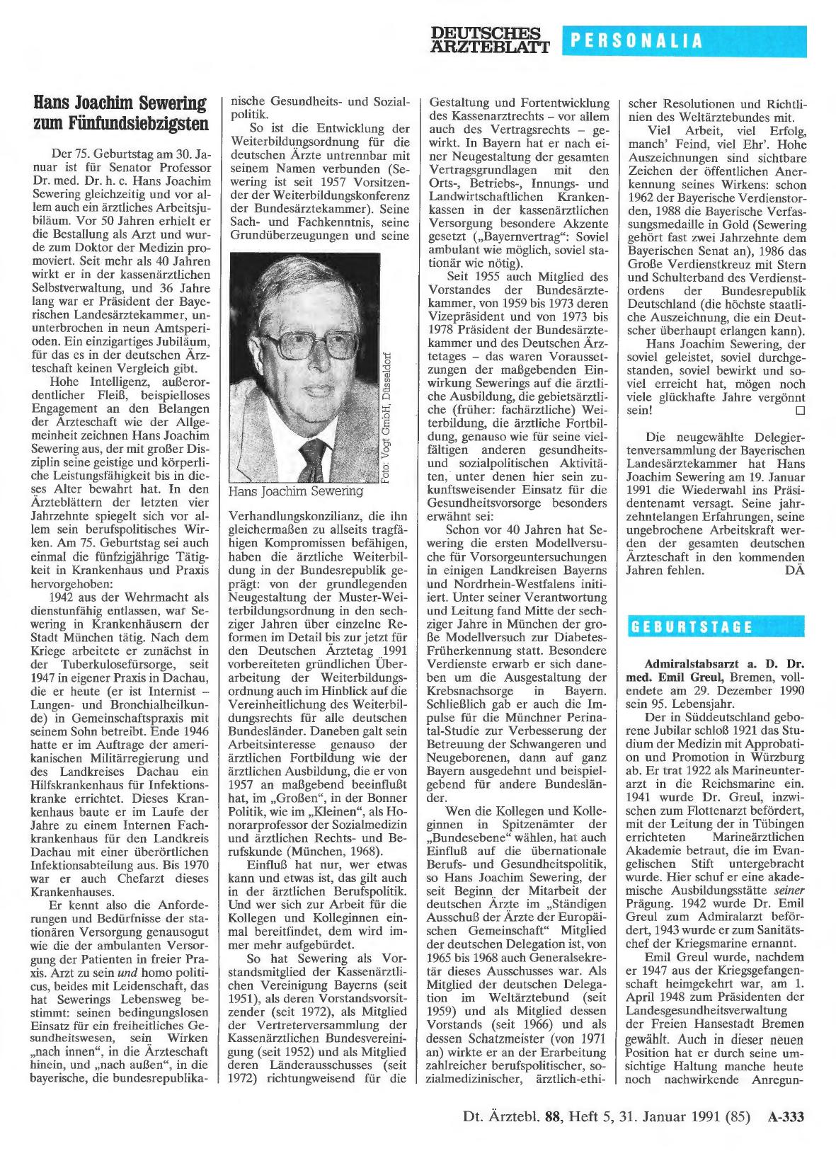 Vorschauseite 1: Hans Joachim Sewering zum Fünfundsiebzigsten