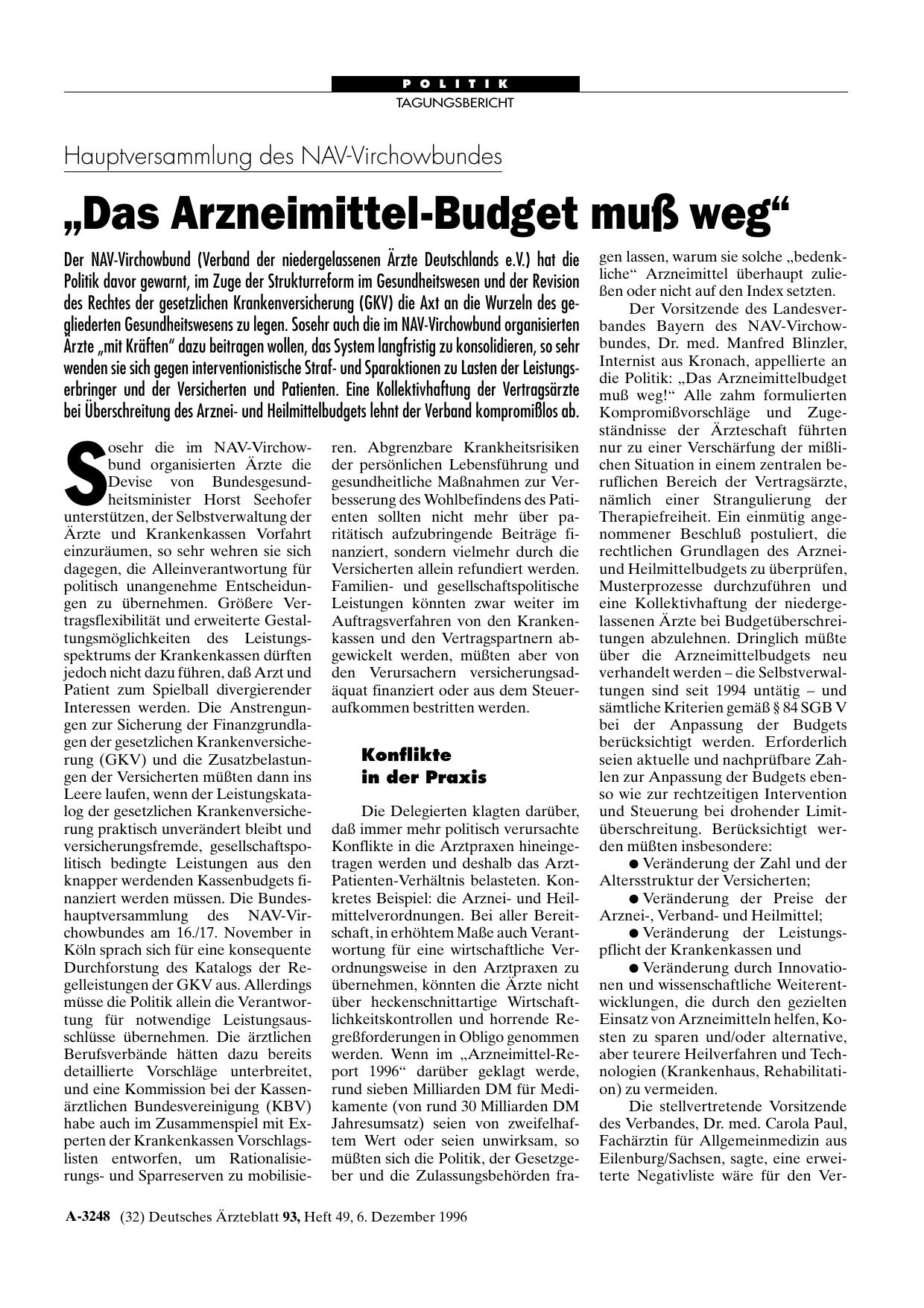 Vorschauseite 1: Hauptversammlung des NAV-Virchowbundes: „Das Arzneimittel-Budget muß weg“