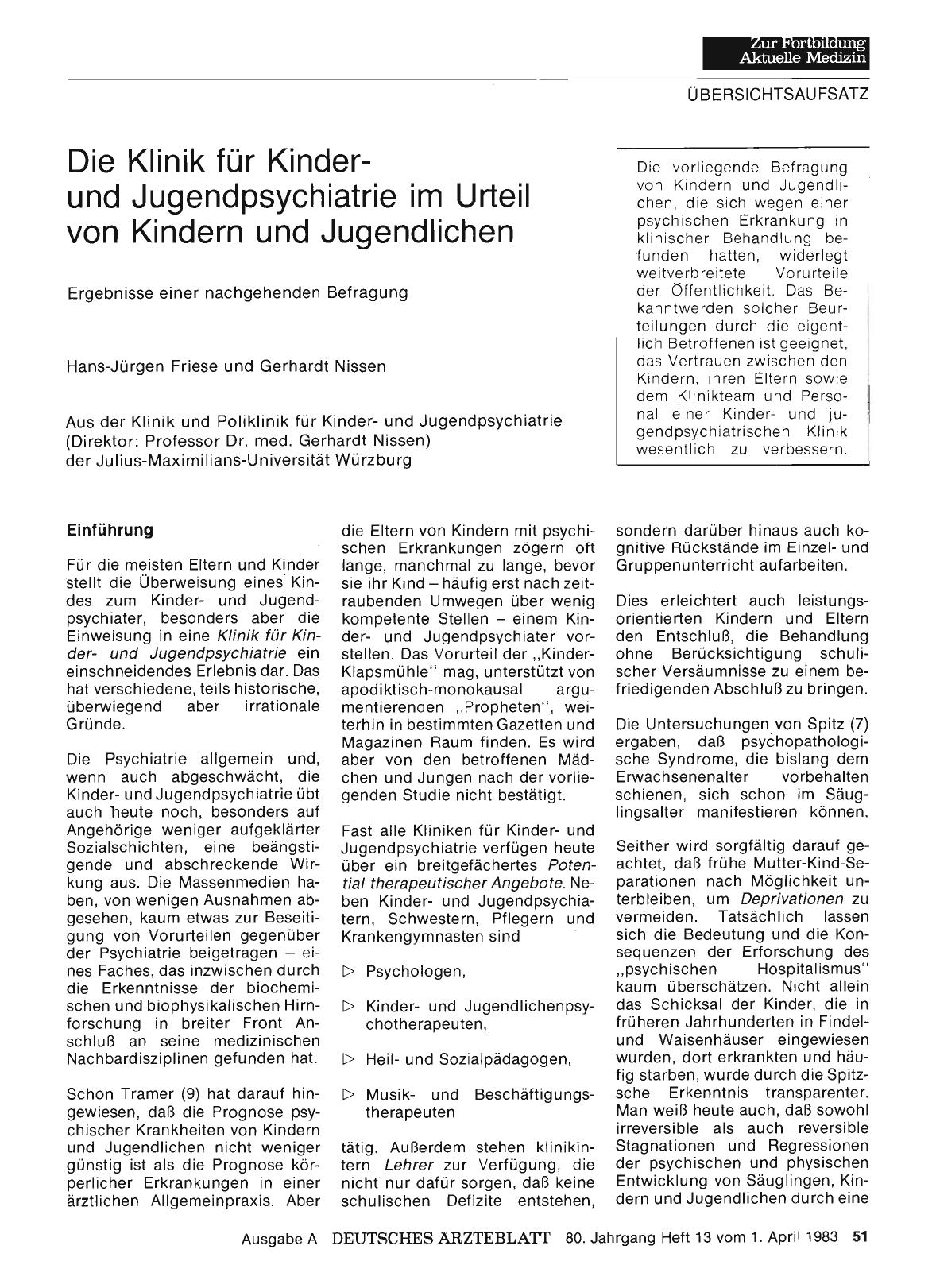 Vorschauseite 1: Die Klinik für Kinderund Jugendpsychiatrie im Urteil von Kindern und Jugendlichen
