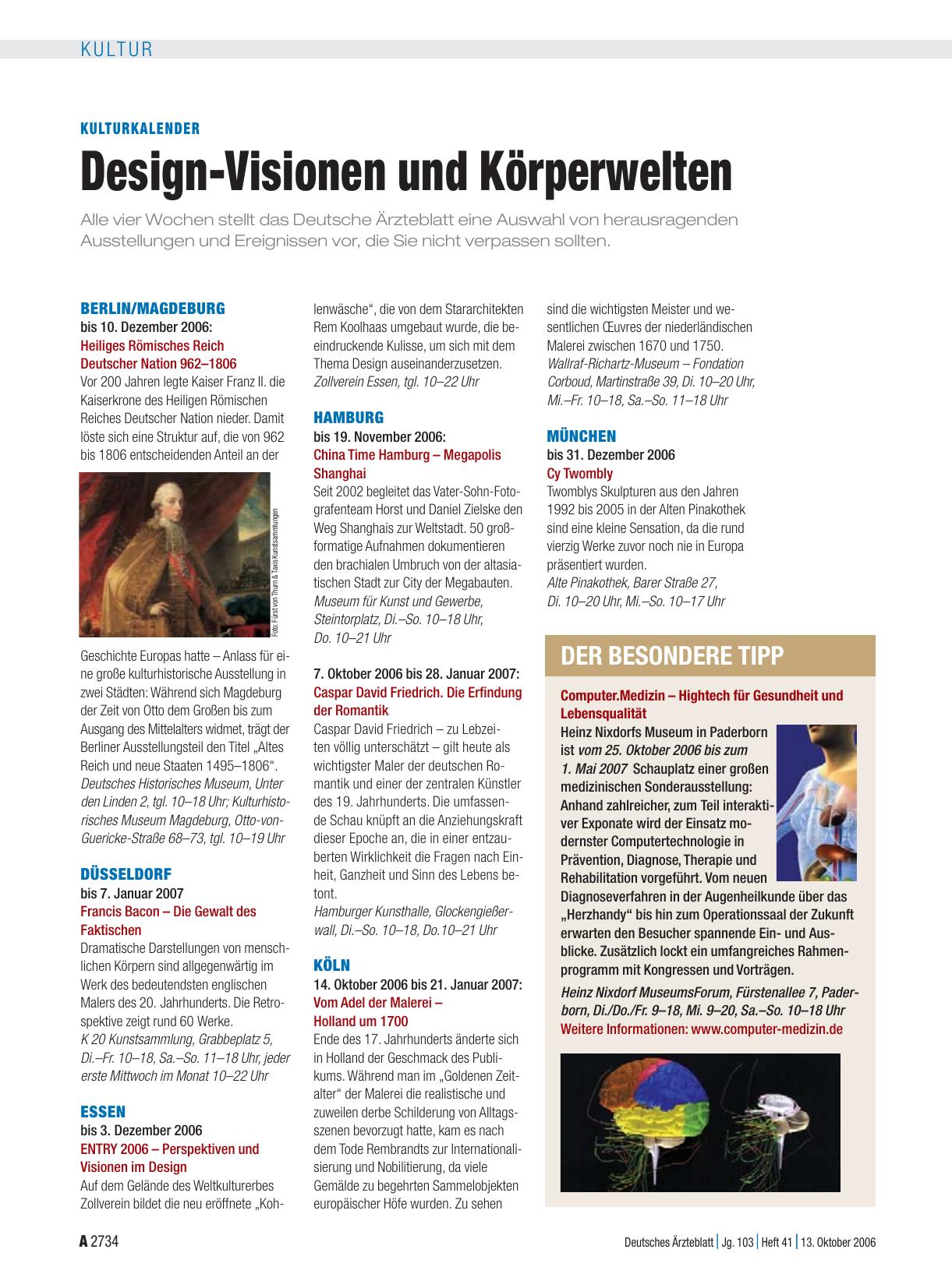 Vorschauseite 1: Kulturkalender: Design-Visionen und Körperwelten