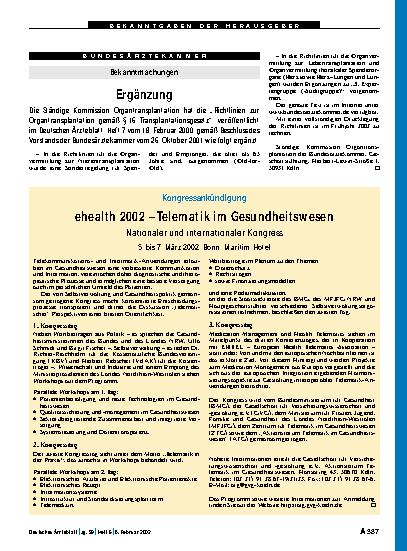 Vorschauseite 1: Kongressankündigung: ehealth 2002 – Telematik im Gesundheitswesen