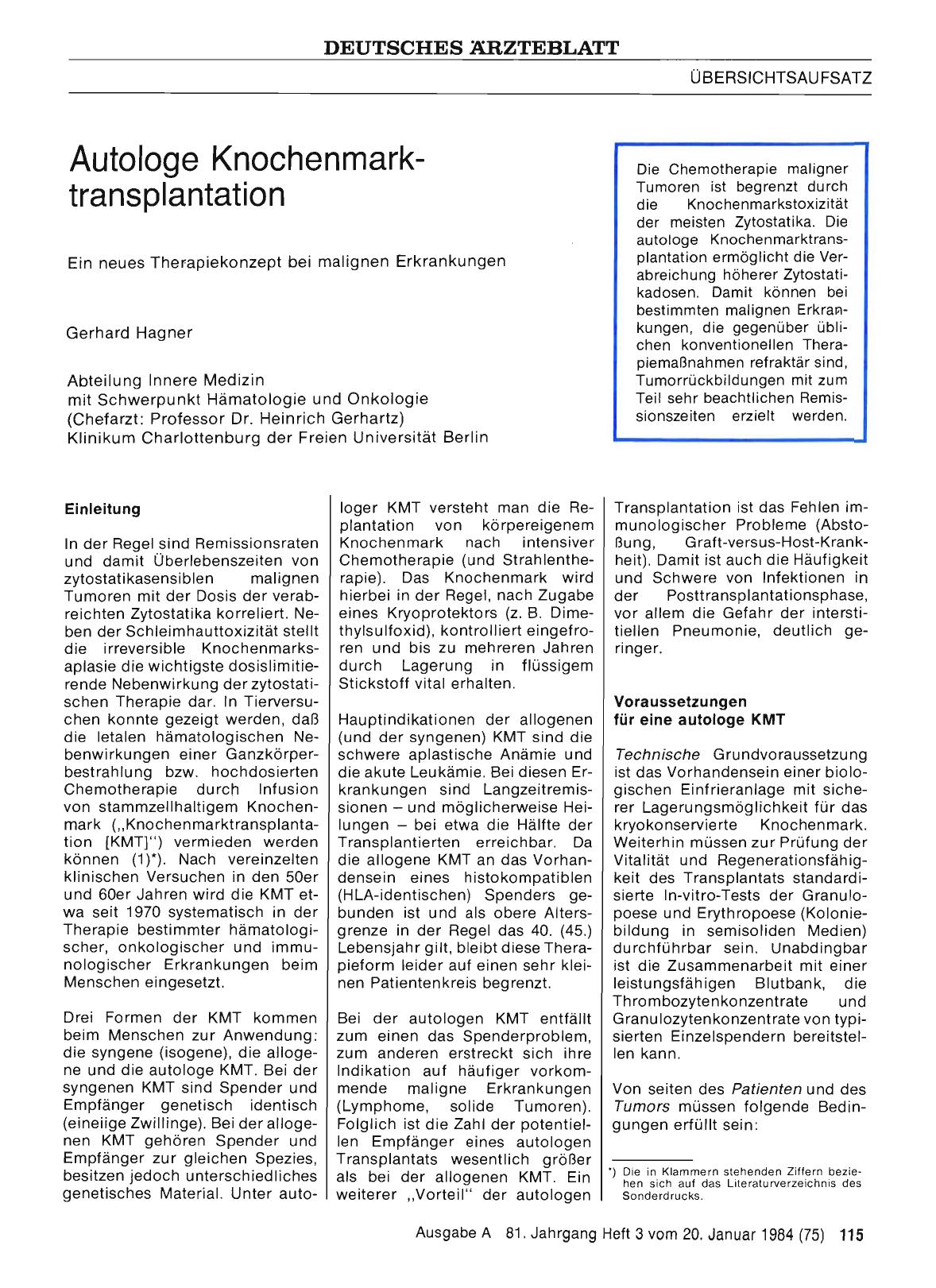 Vorschauseite 1: Autologe Knochenmarktransplantation: Ein neues Therapiekonzept bei malignen Erkrankungen
