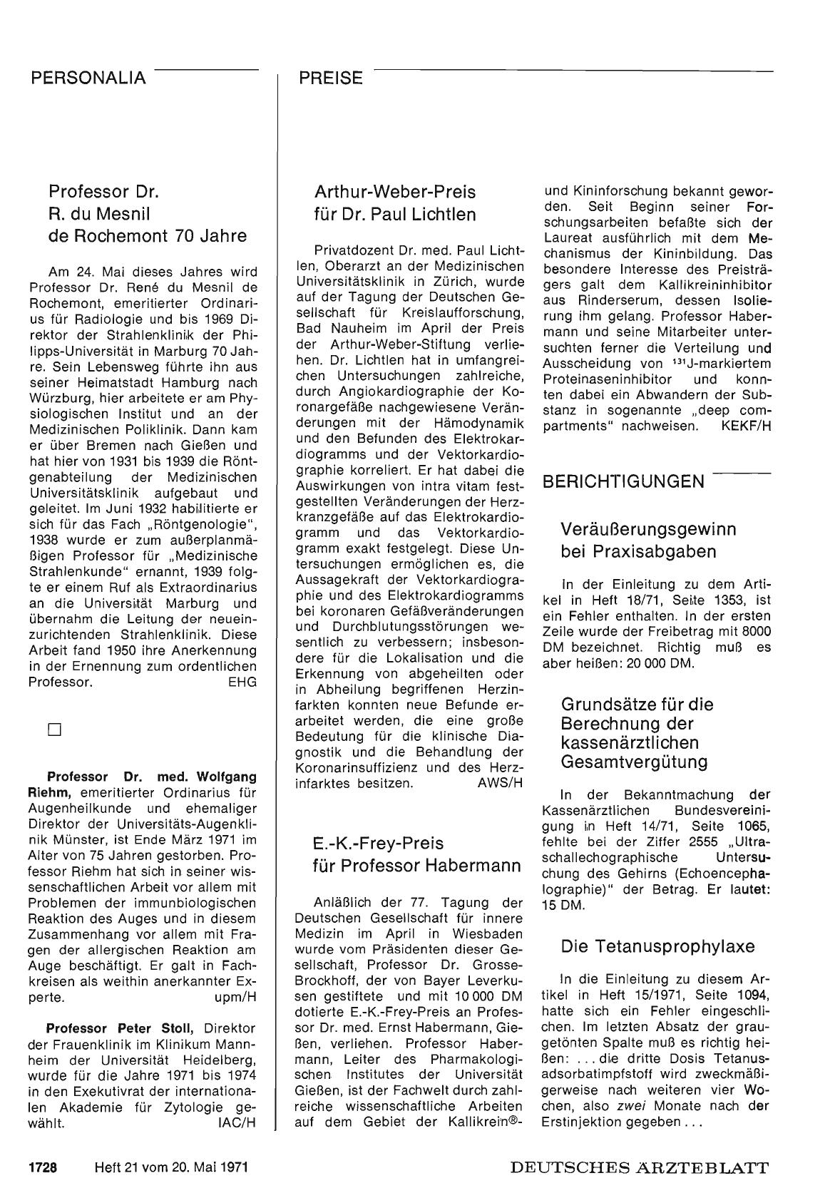 Vorschauseite 1: Professor Dr. R. du Mesnil de Rochemont 70 Jahre