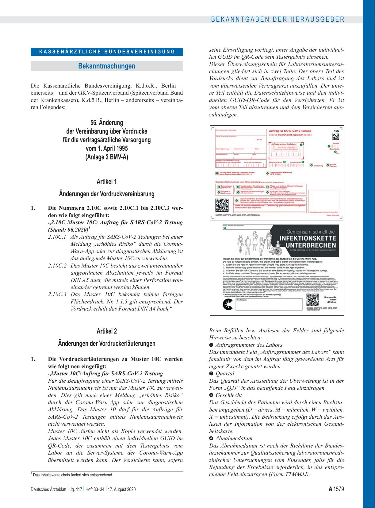 Vorschauseite 1: 56. Änderung der Vereinbarung über Vordrucke für die vertragsärztliche Versorgung vom 1. April 1995 (Anlage 2 BMV-Ä)