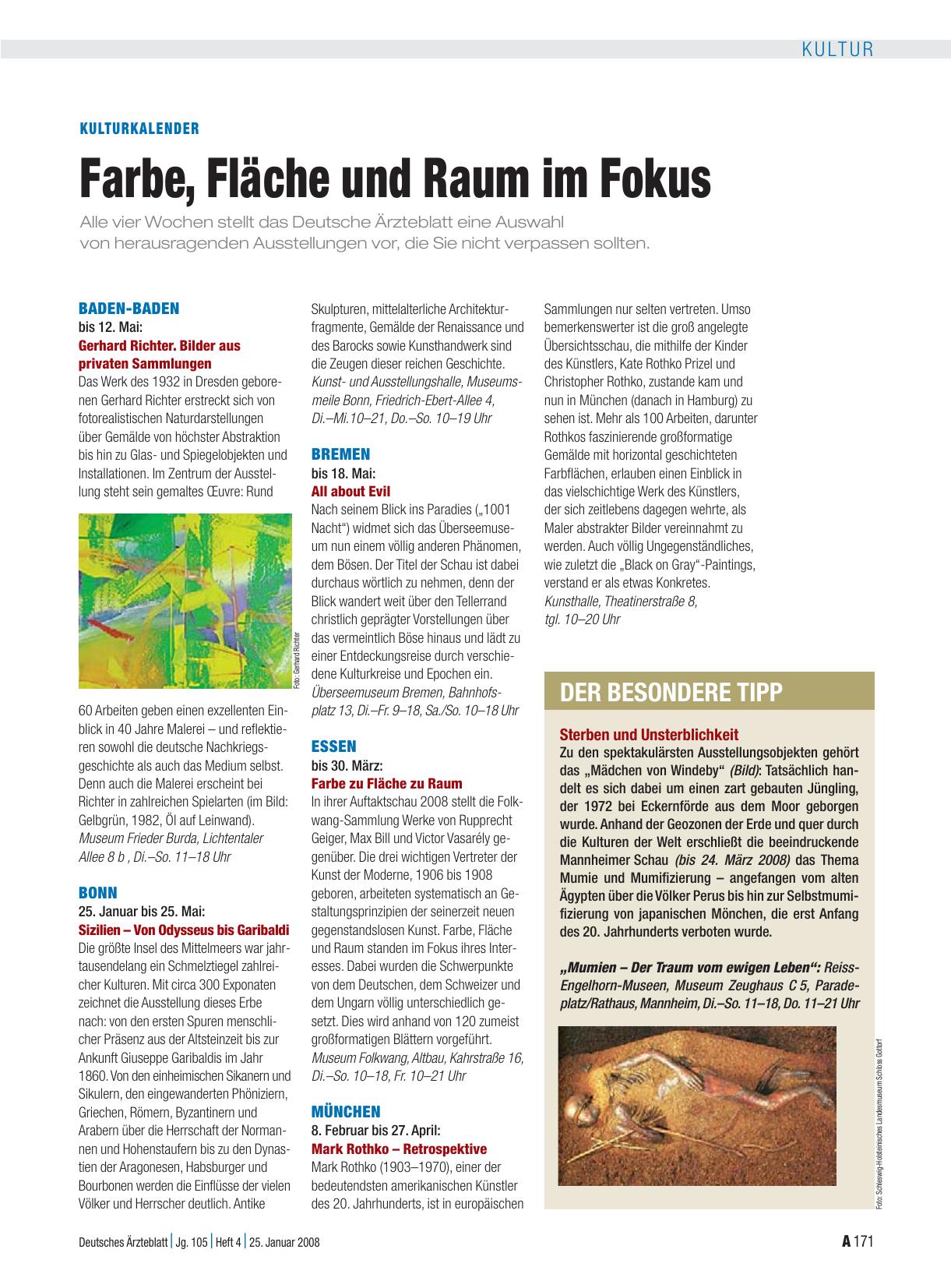Vorschauseite 1: Kulturkalender: Farbe, Fläche und Raum im Fokus
