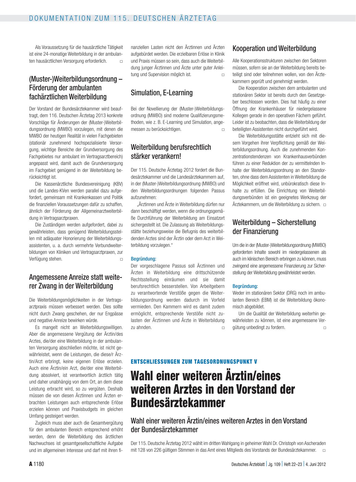 Vorschauseite 1: Entschließungen zum Tagesordnungspunkt V: Wahl einer weiteren Ärztin/eines weiteren Arztes in den Vorstand der Bundesärztekammer