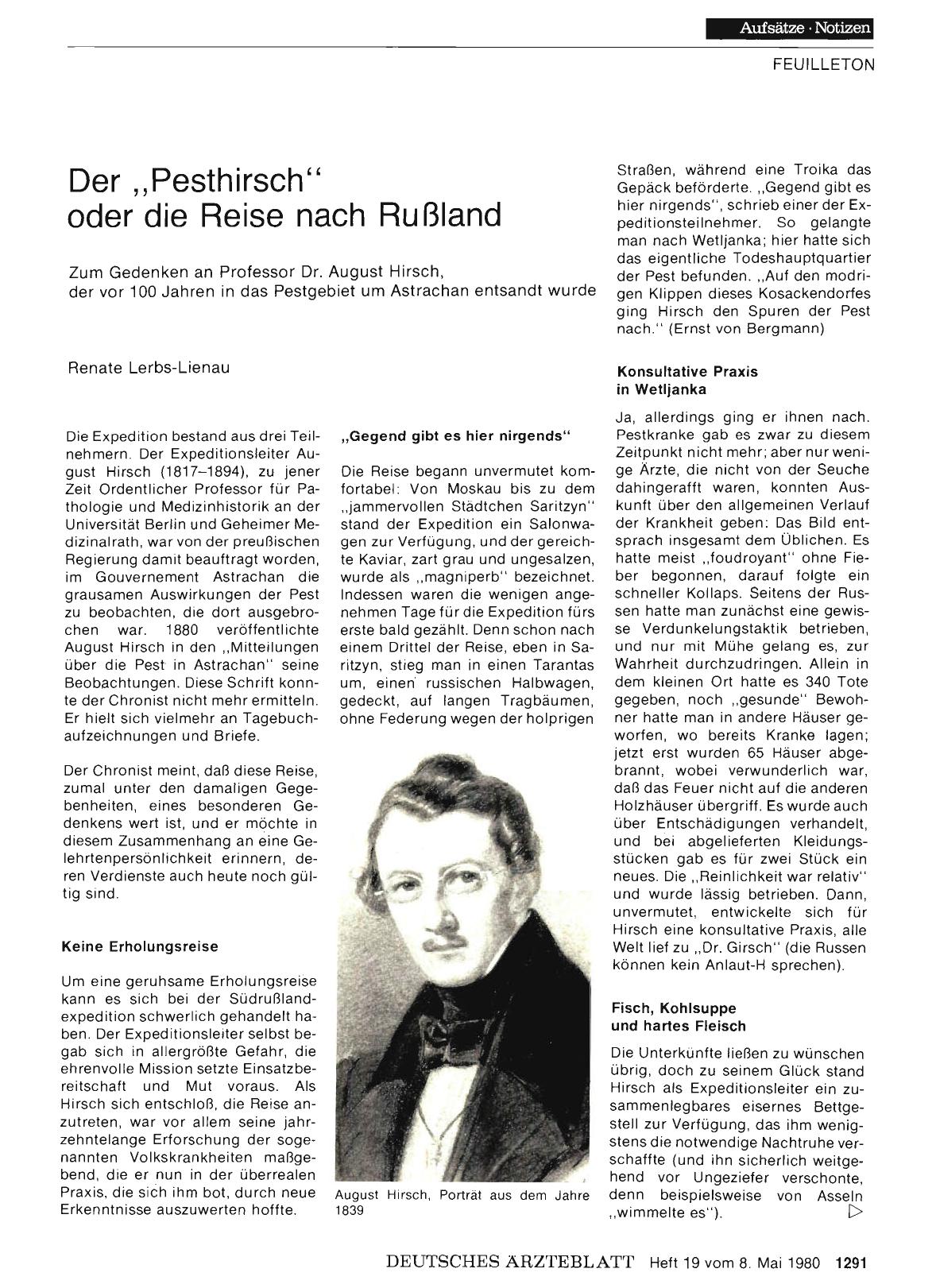 Vorschauseite 1: Der „Pesthirsch“ oder die Reise nach Rußland: Zum Gedenken an Professor Dr. August Hirsch, der vor 100 Jahren in das Pestgebiet um Astrachan entsandt wurde
