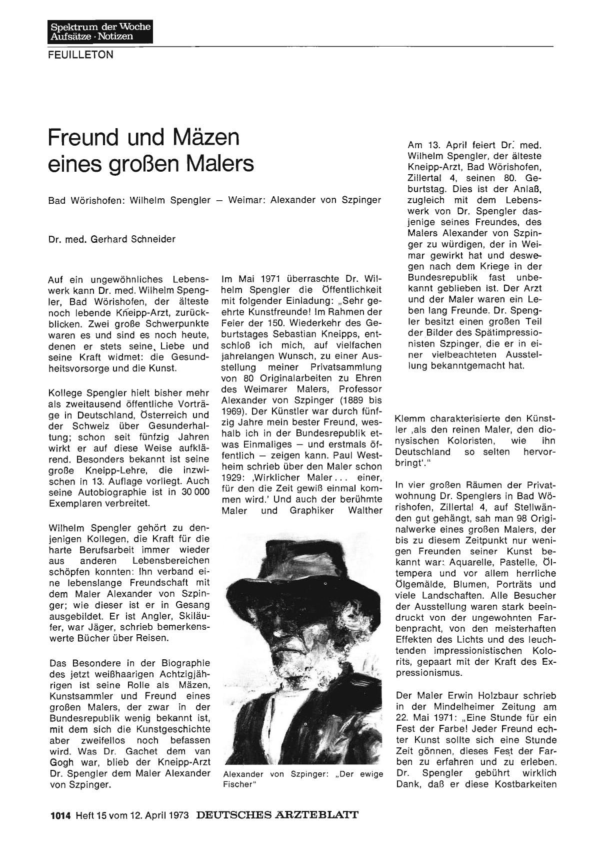Vorschauseite 1: Freund und Mäzen eines großen Malers: Bad Wörishofen: Wilhelm Spengler — Weimar: Alexander von Szpinger