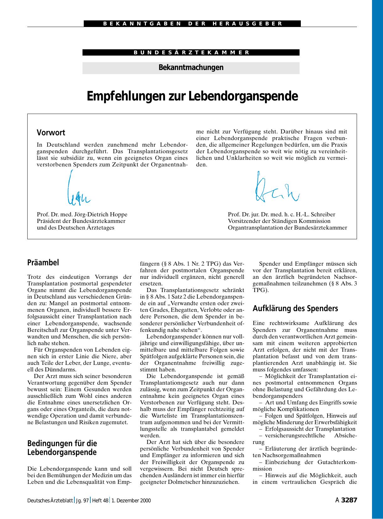 Vorschauseite 1: Bekanntmachungen: Empfehlungen zur Lebendorganspende