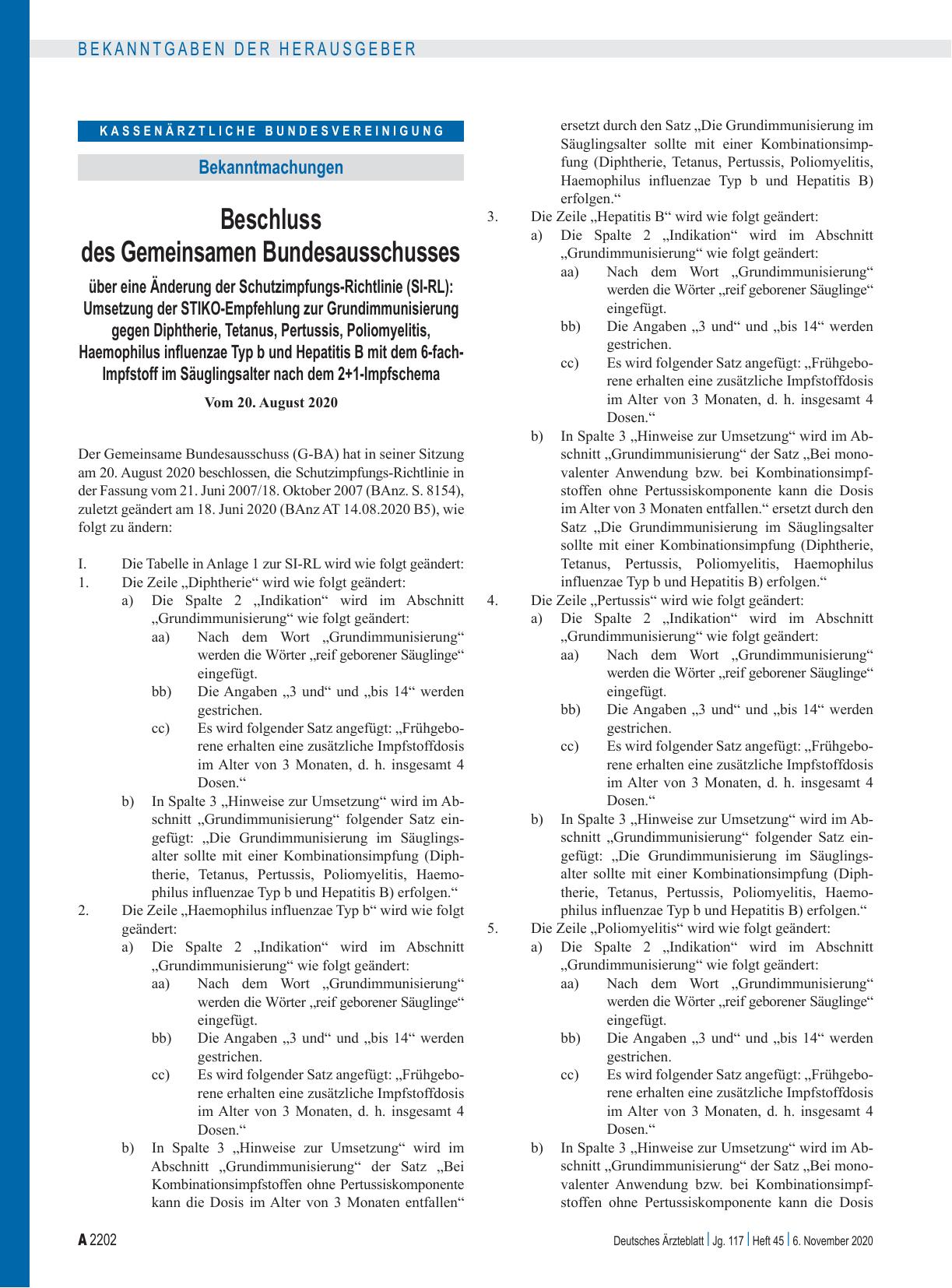 Vorschauseite 1: Beschluss des Gemeinsamen Bundesausschusses über eine Änderung der Schutzimpfungs-Richtlinie (SI-RL): Umsetzung der STIKO-Empfehlung zur Grundimmunisierung gegen Diphtherie, Tetan…