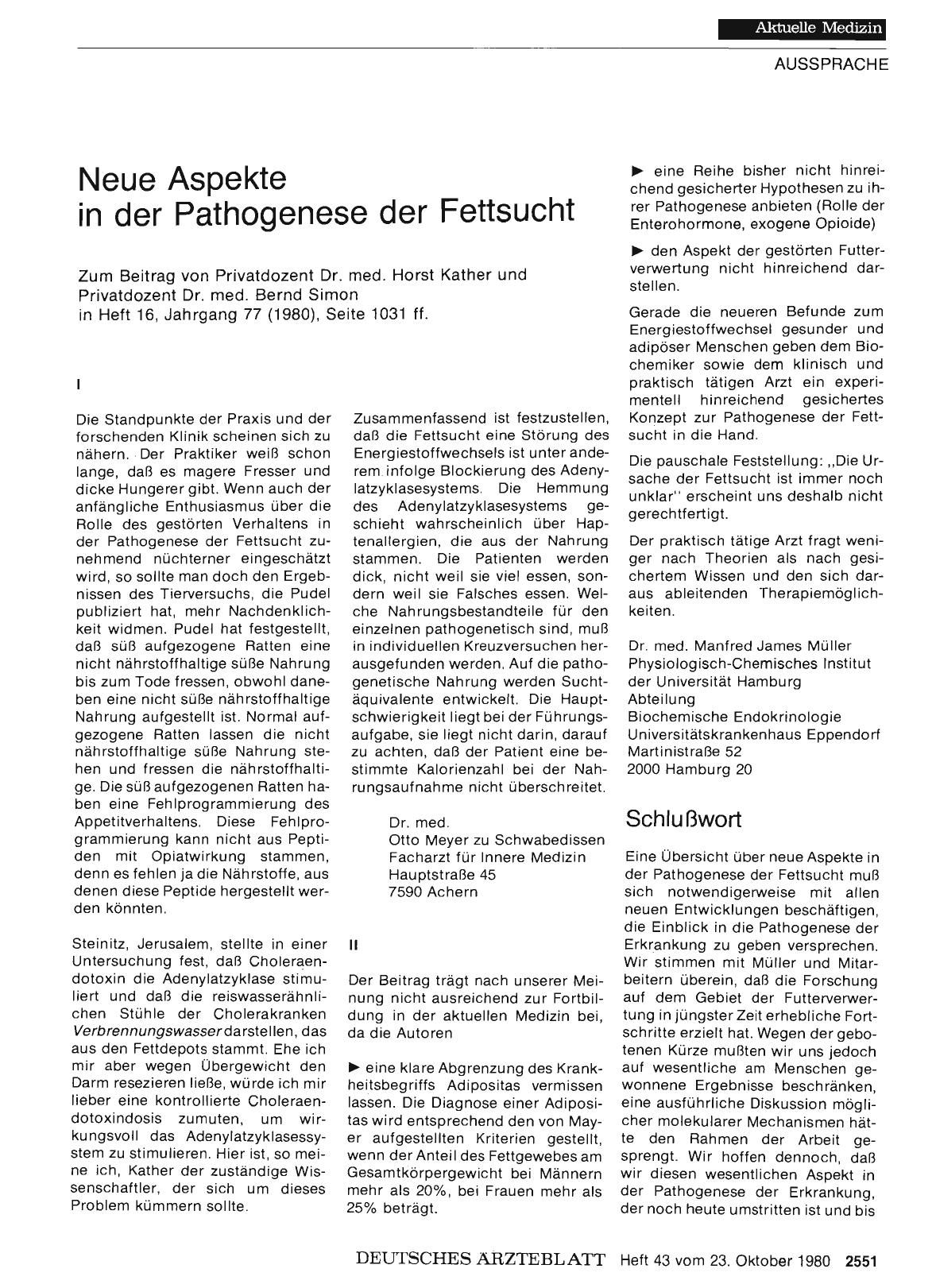 Vorschauseite 1: Neue Aspekte in der Pathogenese der Fettsucht: Stellungnahme II