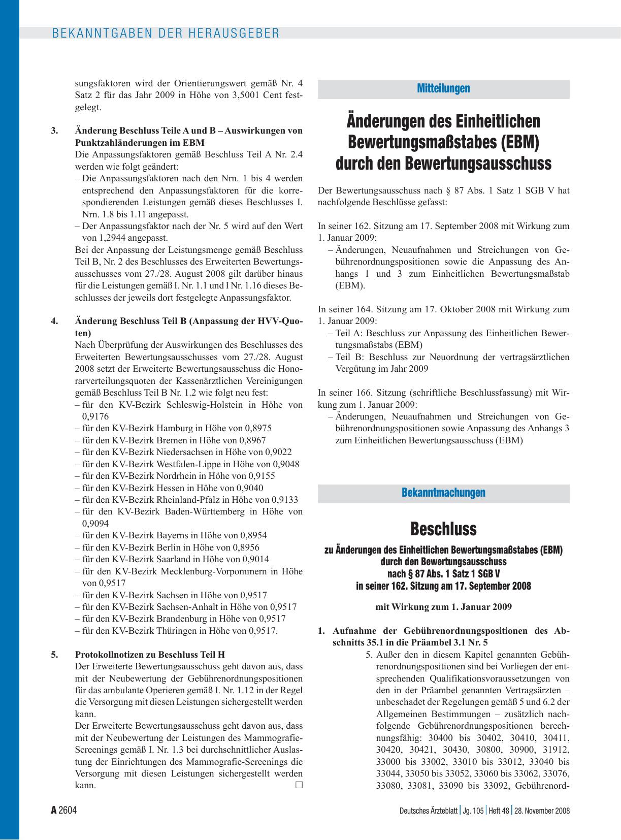 Vorschauseite 1: Mitteilungen: Änderungen des Einheitlichen Bewertungsmaßstabes (EBM) durch den Bewertungsausschuss