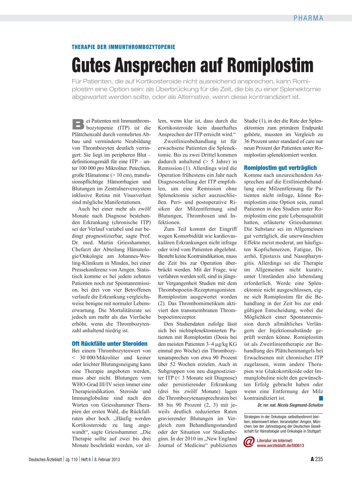 Vorschauseite 1: Therapie der Immunthrombozytopenie: Gutes Ansprechen auf Romiplostim