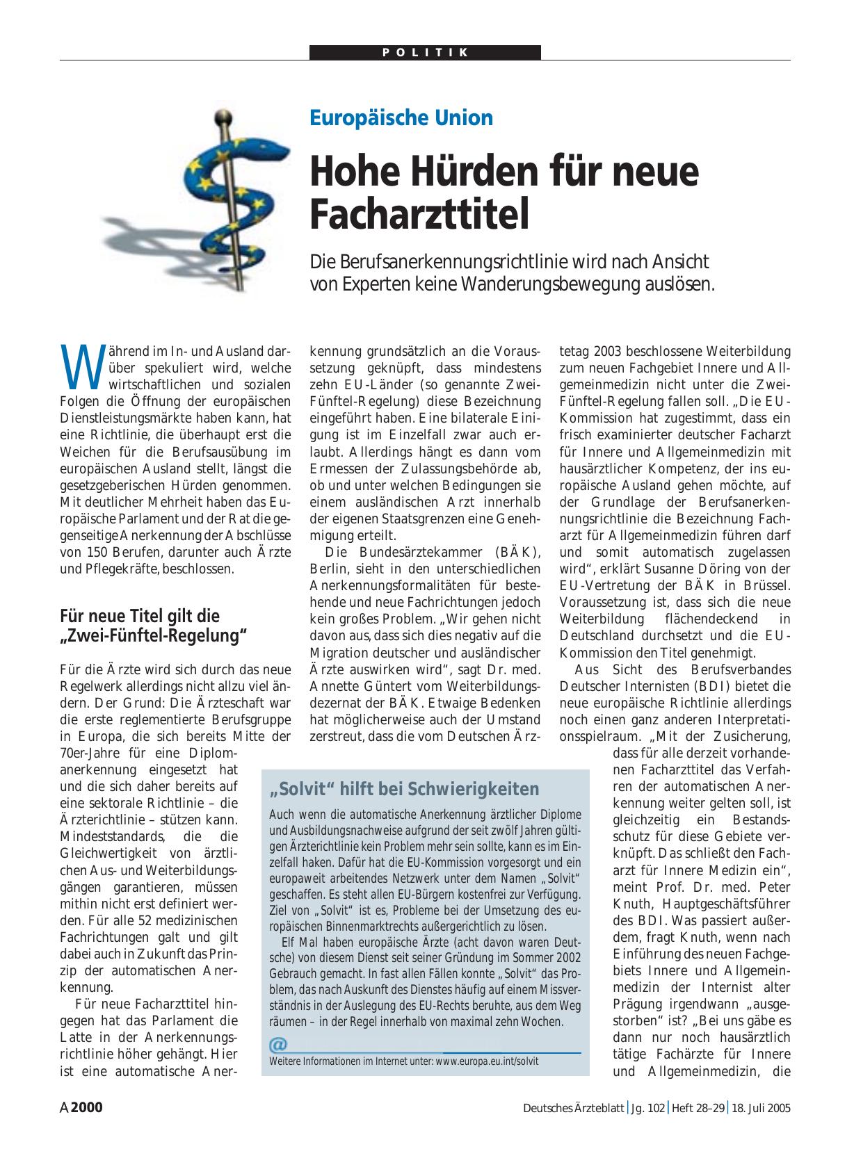 Vorschauseite 1: Europäische Union: Hohe Hürden für neue Facharzttitel