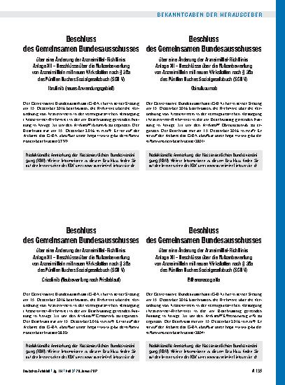 Vorschauseite 1: Beschluss des Gemeinsamen Bundesausschusses über eine Änderung der Arzneimittel-Richtlinie: Anlage XII – Beschlüsse über die Nutzenbewertung von Arzneimitteln mit neuen Wirkstoffe…