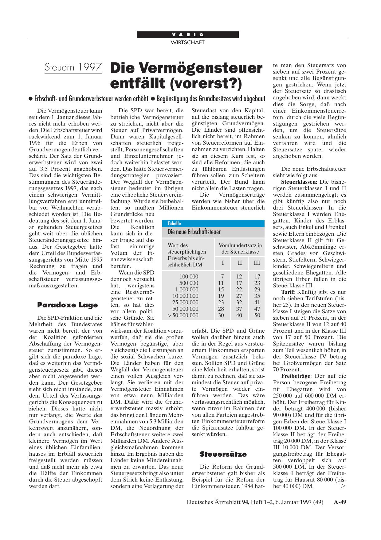 Vorschauseite 1: Steuern 1997: Die Vermögensteuer entfällt (vorerst? ) Erbschaftund Grunderwerbsteuer werden erhöht Begünstigung des Grundbesitzes wird abgebaut