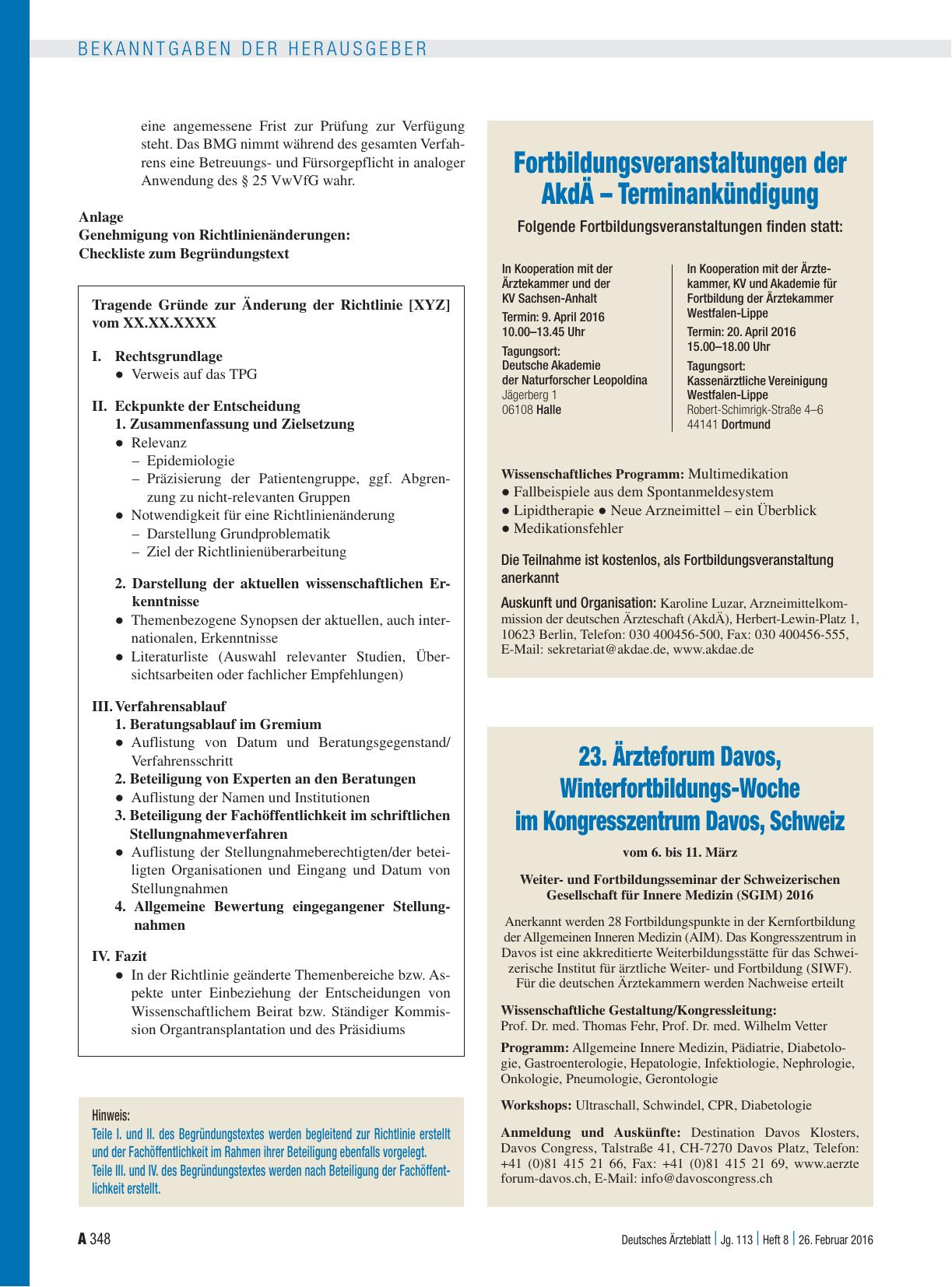 Vorschauseite 1: Fortbildungsveranstaltungen der AkdÄ – Terminankündigung Folgende Fortbildungsveranstaltungen finden statt