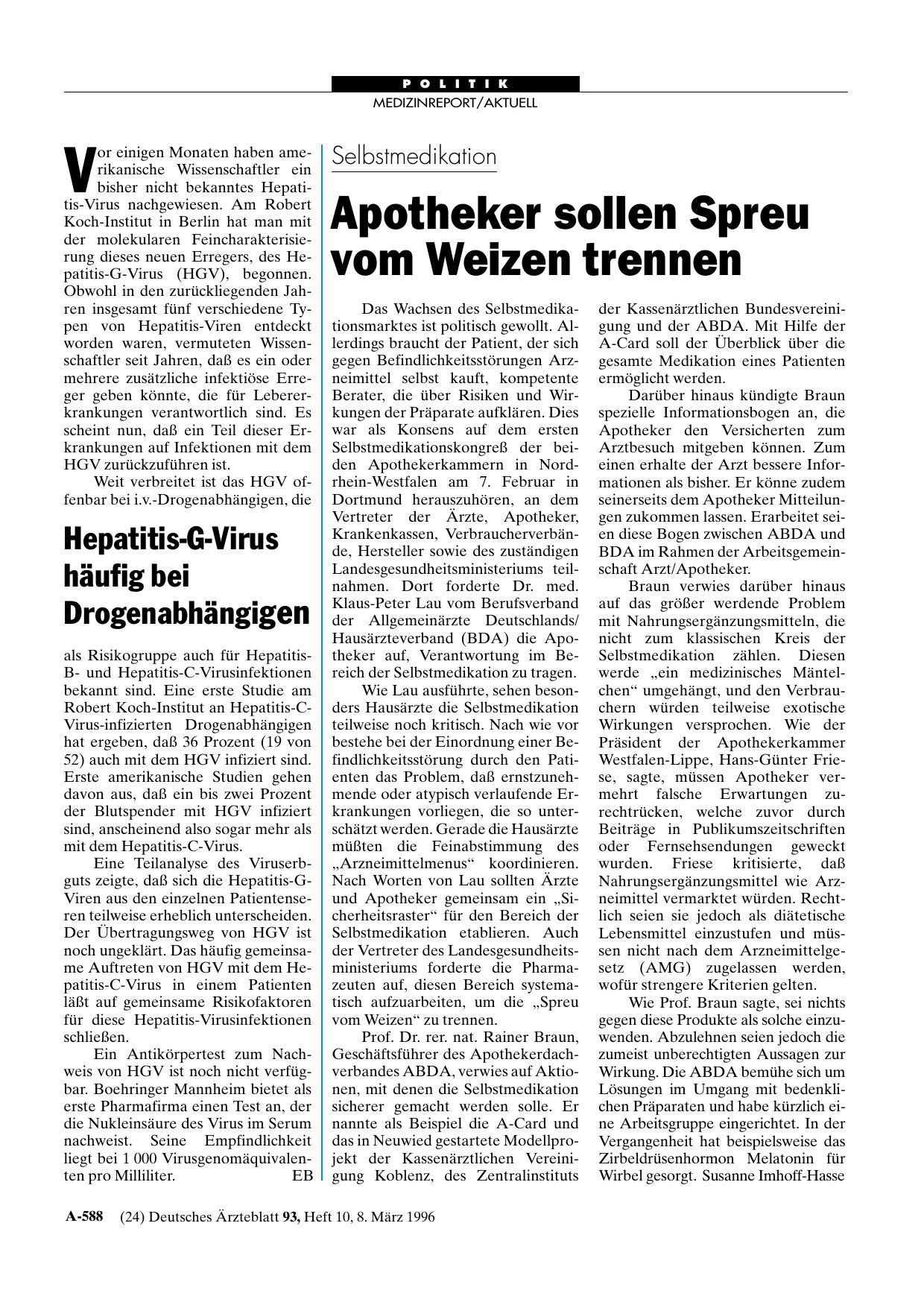 Vorschauseite 1: Hepatitis-G-Virus häufig bei Drogenabhängigen