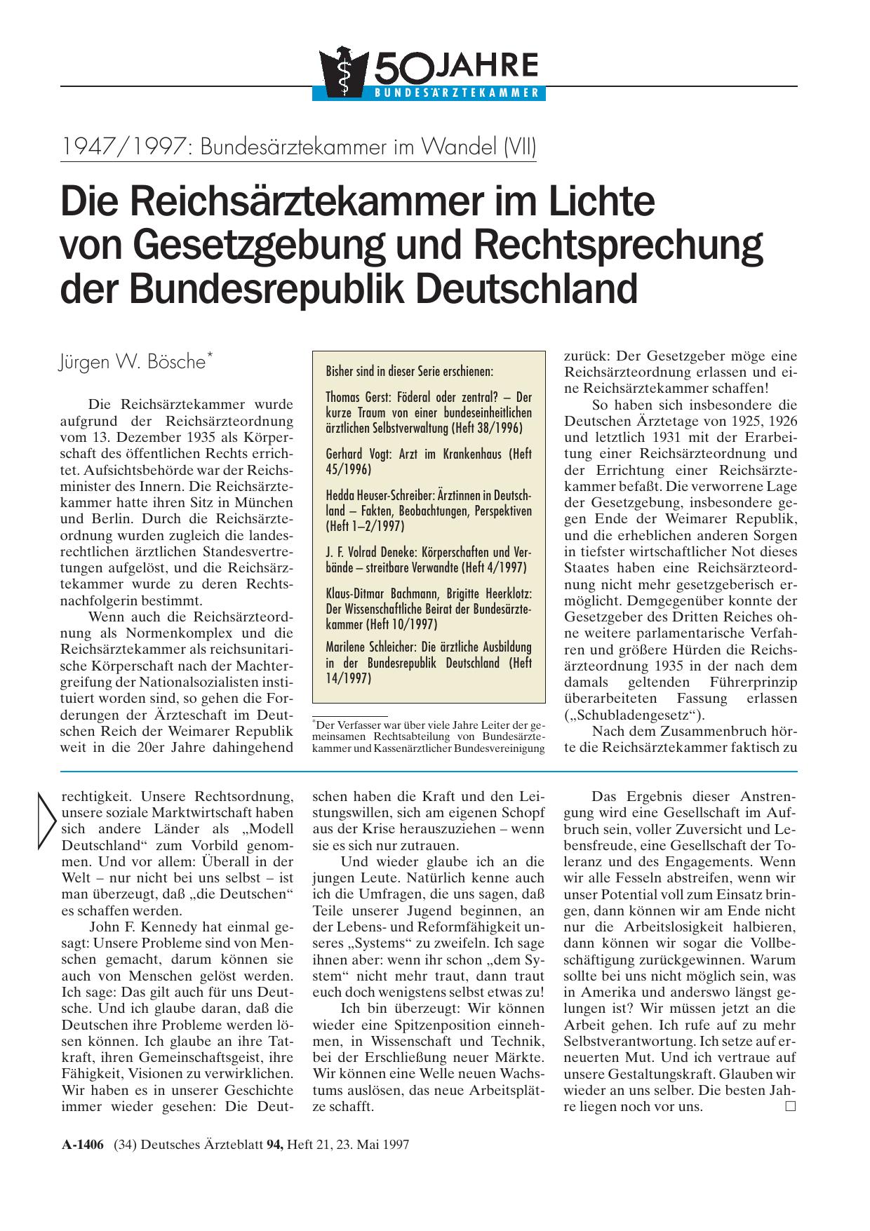 Vorschauseite 1: 1947/1997 – Bundesärztekammer im Wandel (VII): Die Reichsärztekammer im Lichte von Gesetzgebung und Rechtsprechung der Bundesrepublik Deutschland