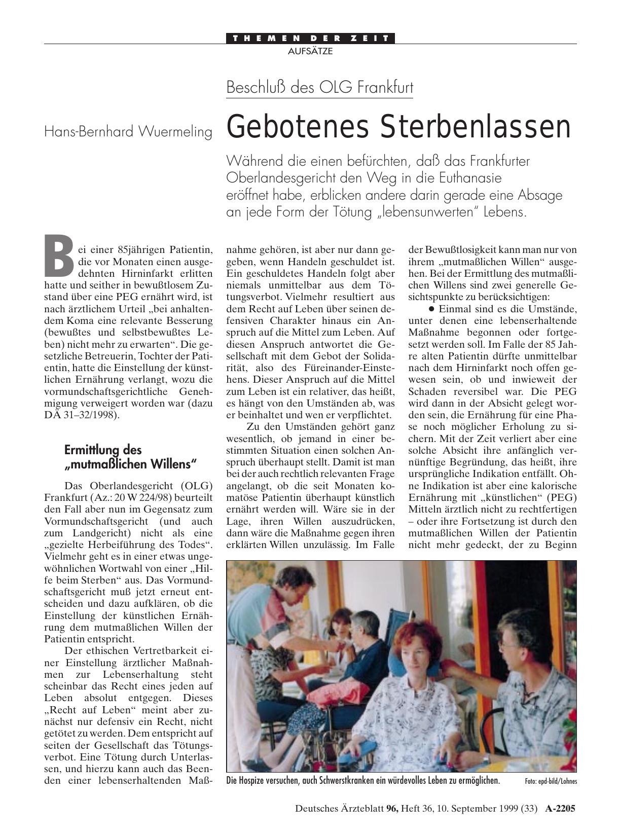 Vorschauseite 1: Beschluß des OLG Frankfurt: Gebotenes Sterbenlassen
