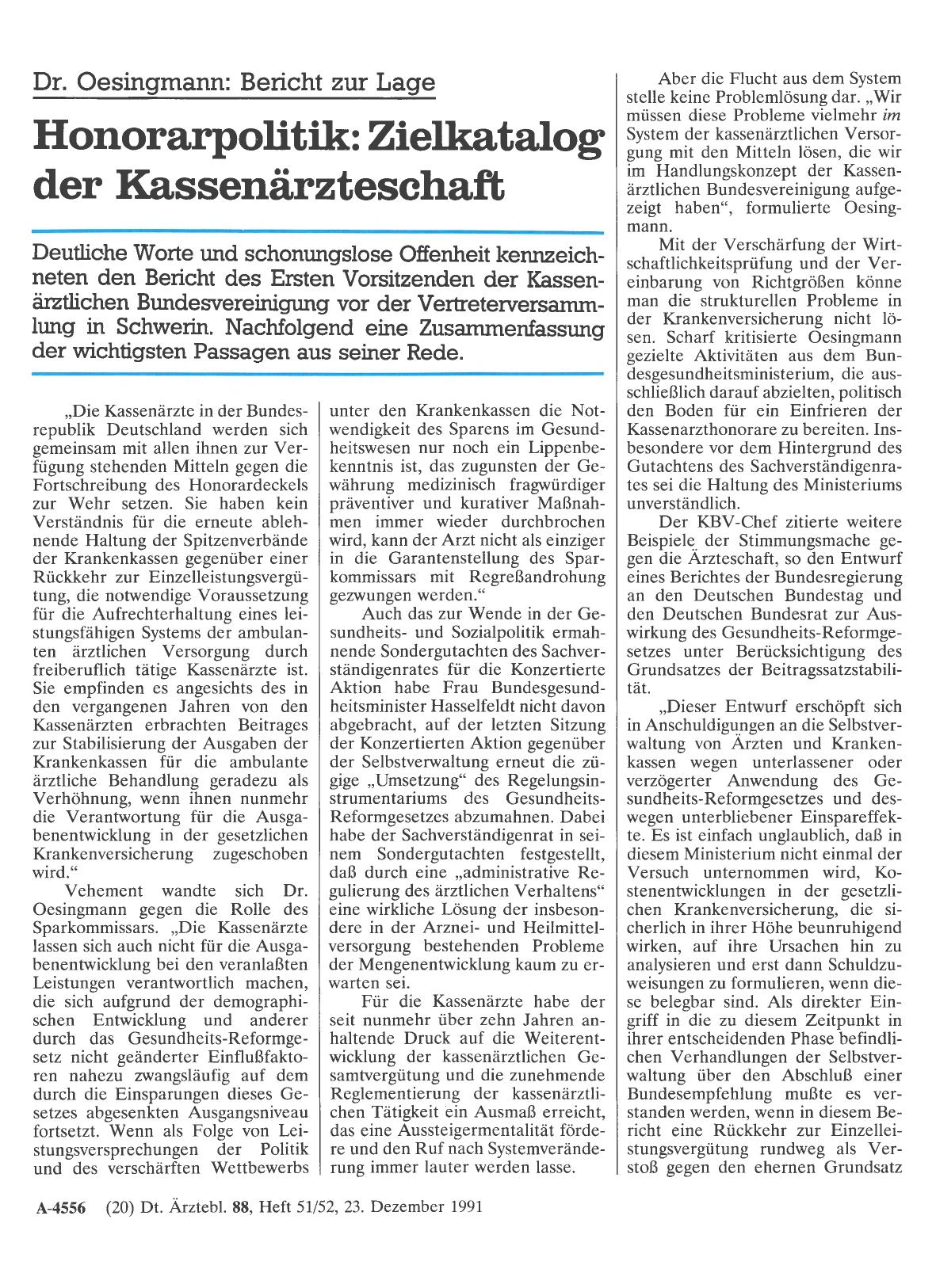 Vorschauseite 1: Dr. Oesingmann: Bericht zur Lage - Honorarpolitik: Zielkatalog der Kassenärzteschaft