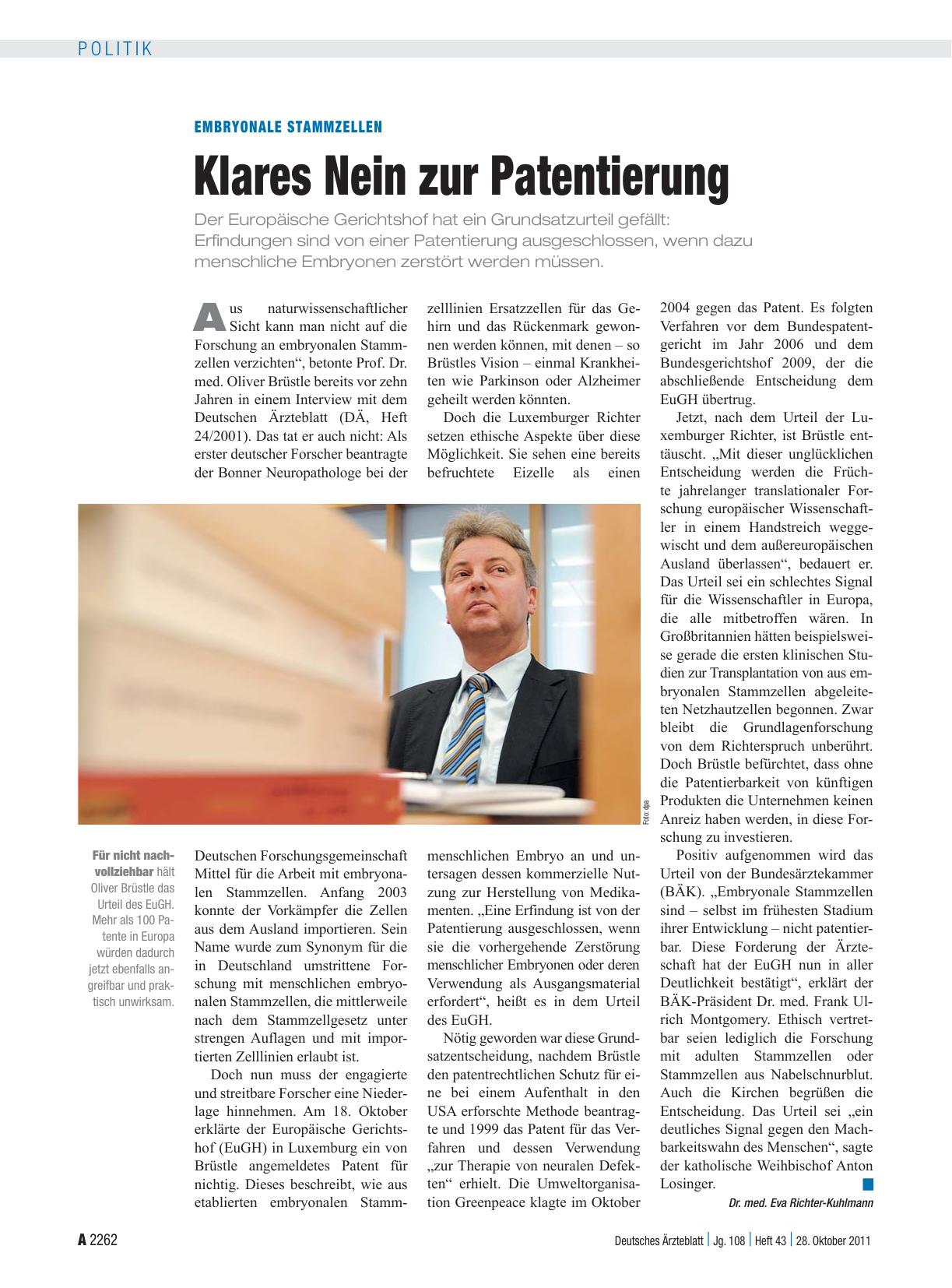 Vorschauseite 1: Embryonale Stammzellen: Klares Nein zur Patentierung