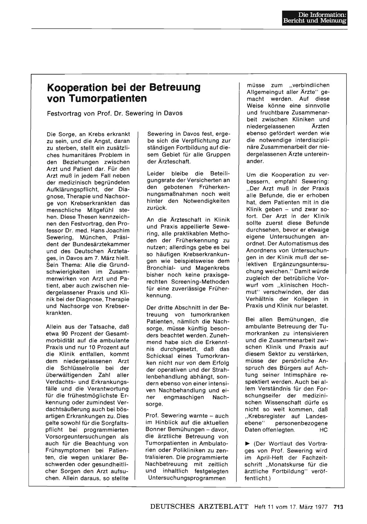 Vorschauseite 1: Kooperation bei der Betreuung von Tumorpatienten: Festvortrag von Prof. Dr. Sewering in Davos