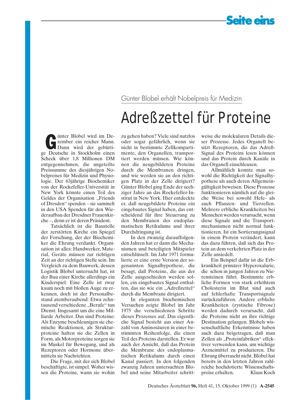 Vorschauseite 1: Günter Blobel erhält Nobelpreis für Medizin: Adreßzettel für Proteine