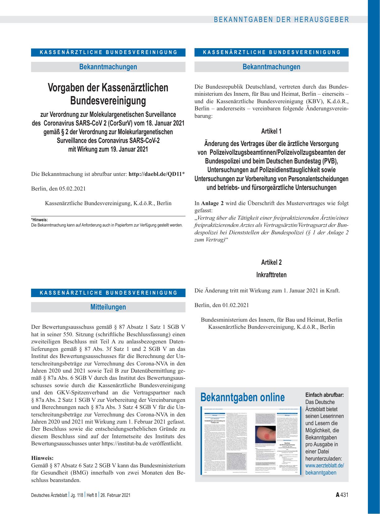 Vorschauseite 1: Vorgaben der Kassenärztlichen Bundesvereinigung zur Verordnung zur Molekulargenetischen Surveillance des Coronavirus SARS-CoV 2 (CorSurV) vom 18. Januar 2021 gemäß § 2 der Verordn…