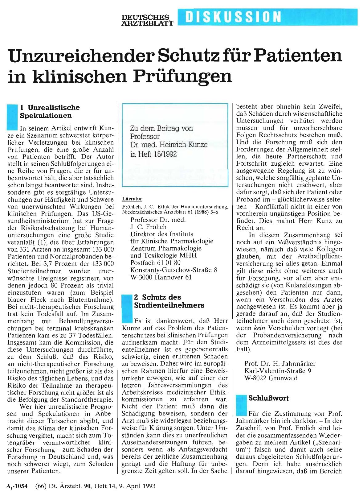 Vorschauseite 1: Unzureichender Schutz für Patienten in klinischen Prüfungen: Schlußwort