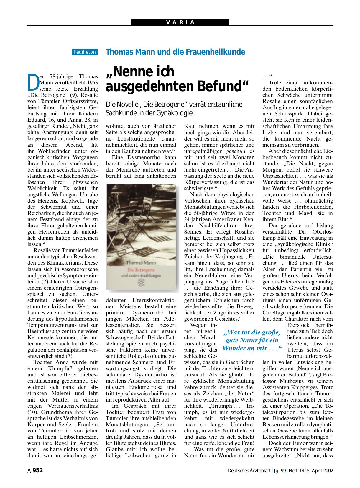 Vorschauseite 1: Thomas Mann und die Frauenheilkunde: „Nenne ich ausgedehnten Befund“
