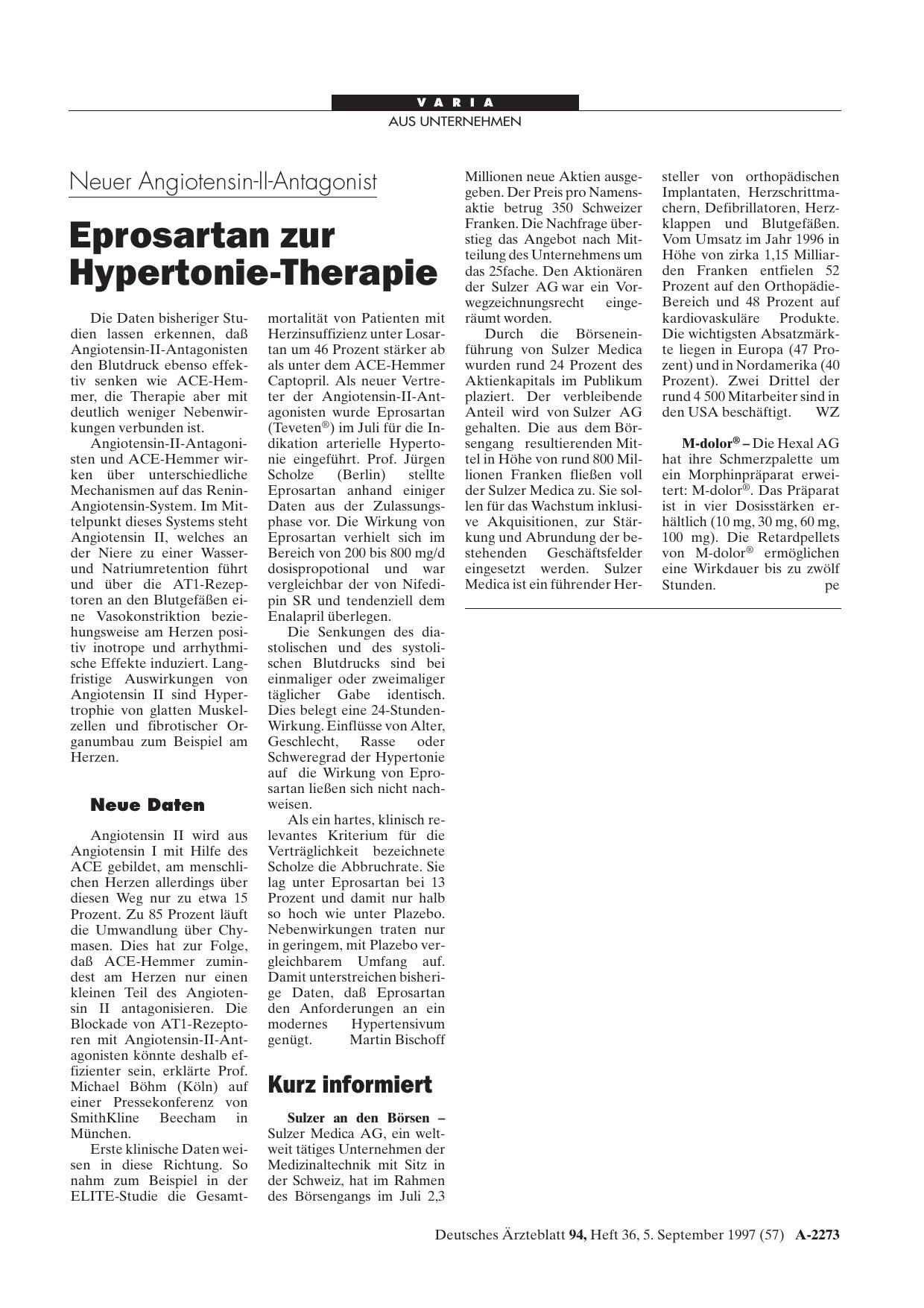 Vorschauseite 1: Neuer Angiotensin-II-Antagonist: Eprosartan zur Hypertonie-Therapie