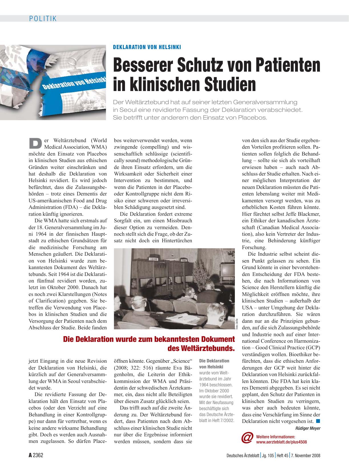 Vorschauseite 1: Deklaration von Helsinki: Besserer Schutz von Patienten in klinischen Studien