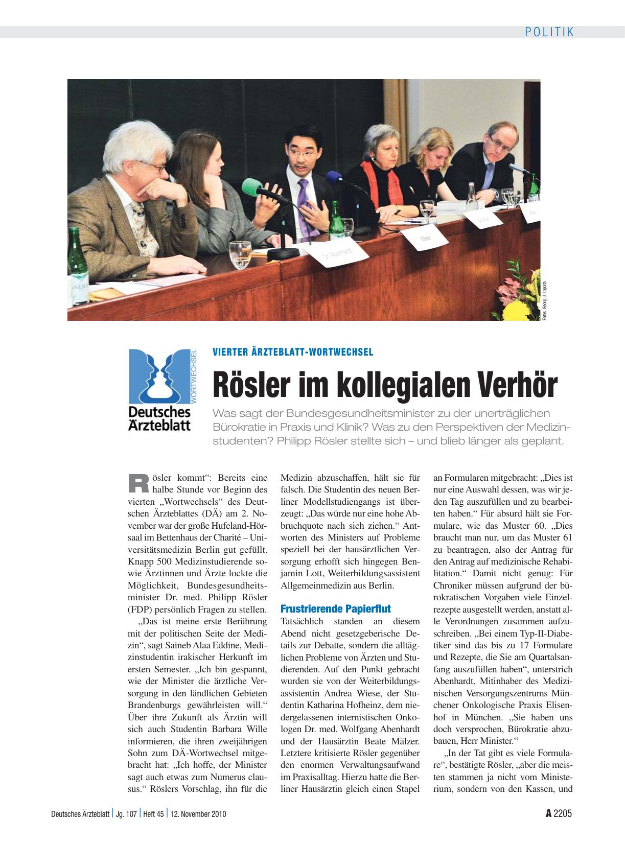 Vorschauseite 1: Vierter Ärzteblatt-Wortwechsel: Rösler im kollegialen Verhör