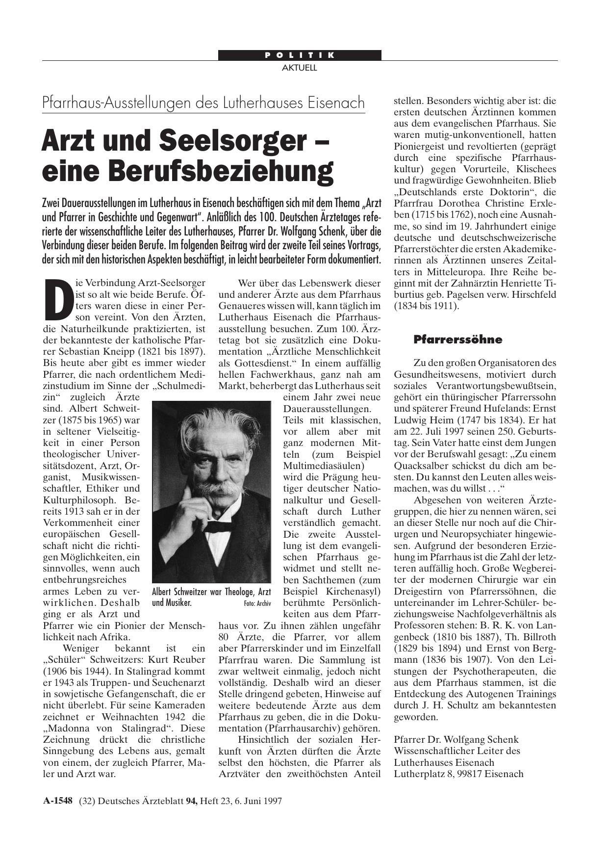 Vorschauseite 1: Pfarrhaus-Ausstellungen des Lutherhauses Eisenach: Arzt und Seelsorger - eine Berufsbeziehung