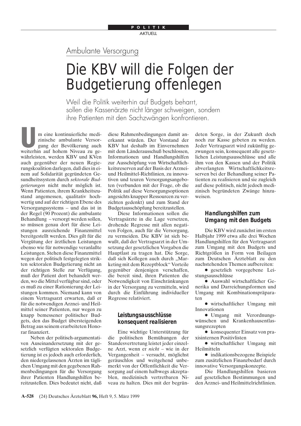 Vorschauseite 1: Ambulante Versorgung: Die KBV will die Folgen der Budgetierung offenlegen