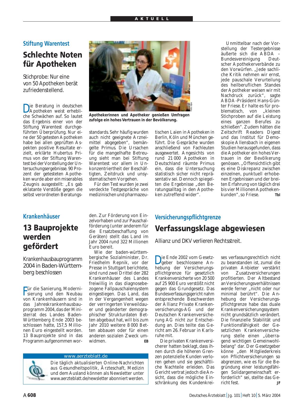Vorschauseite 1: Stiftung Warentest: Schlechte Noten für Apotheken