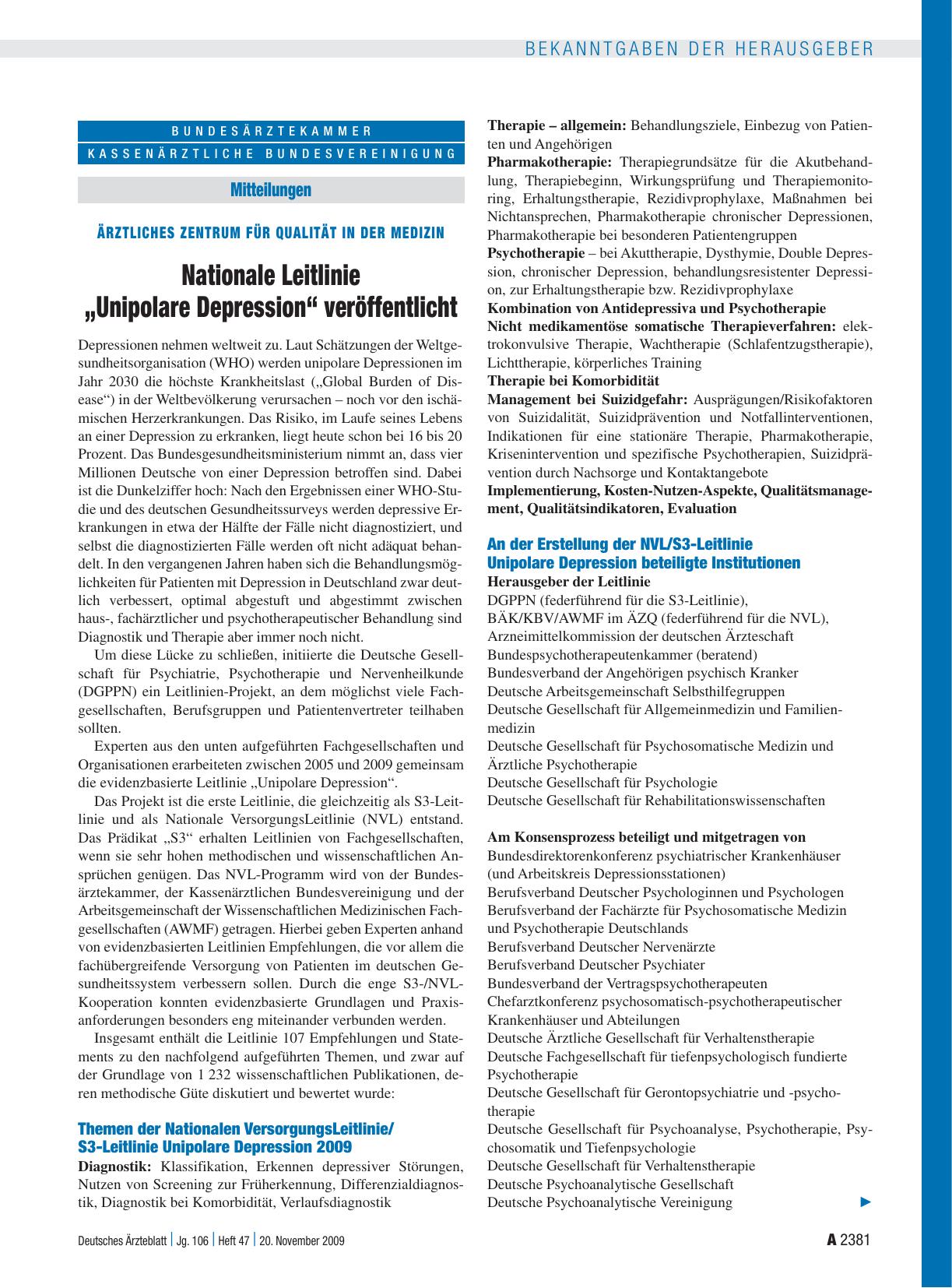 Vorschauseite 1: Mitteilungen: Ärztliches Zentrum für Qualität in der Medizin: Nationale Leitlinie „Unipolare Depression“ veröffentlicht