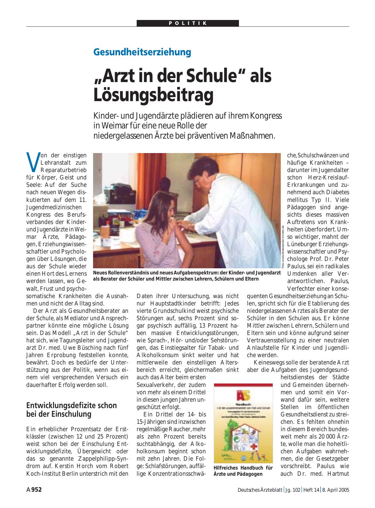 Vorschauseite 1: Gesundheitserziehung: „Arzt in der Schule“ als Lösungsbeitrag