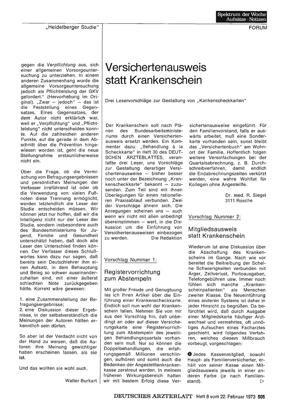 Vorschauseite 1: Versichertenausweis statt Krankenschein: Drei Leservorschläge zur Gestaltung von „Krankenscheckkarten"