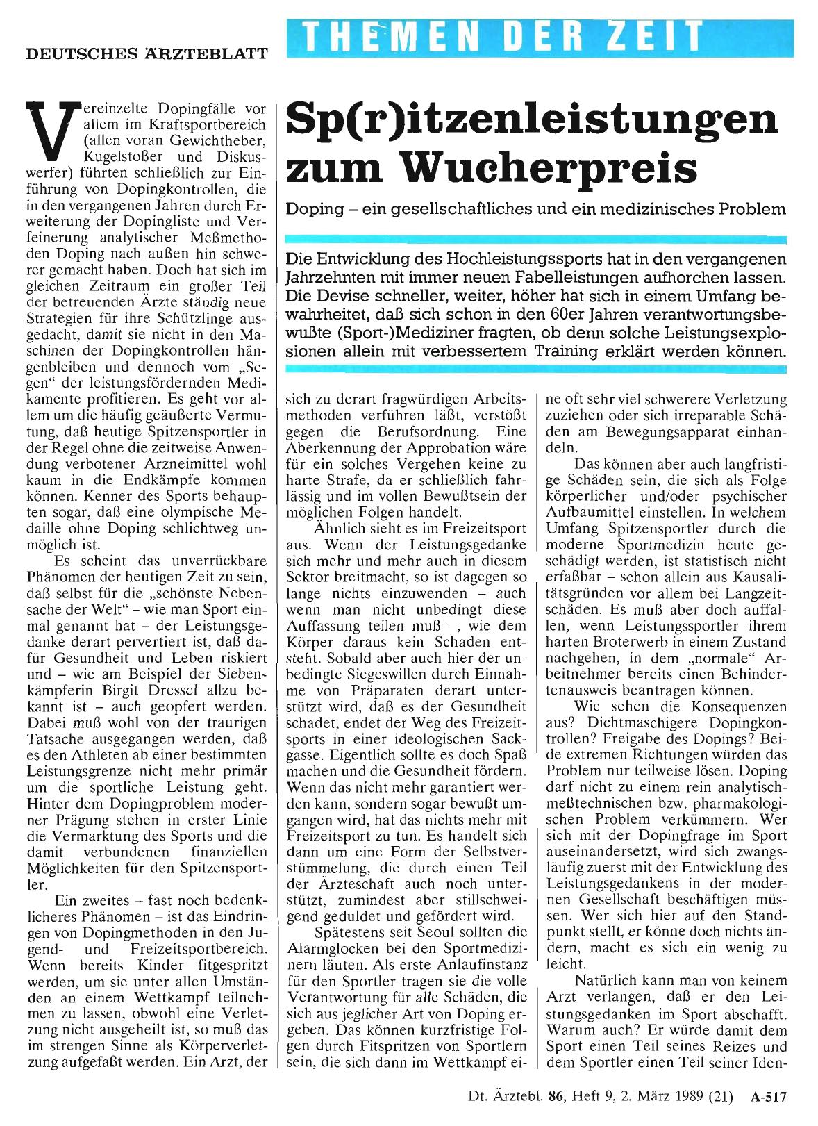 Vorschauseite 1: Sp(r)itzenleistungen zum Wucherpreis: Doping - ein gesellschaftliches und ein medizinisches Problem
