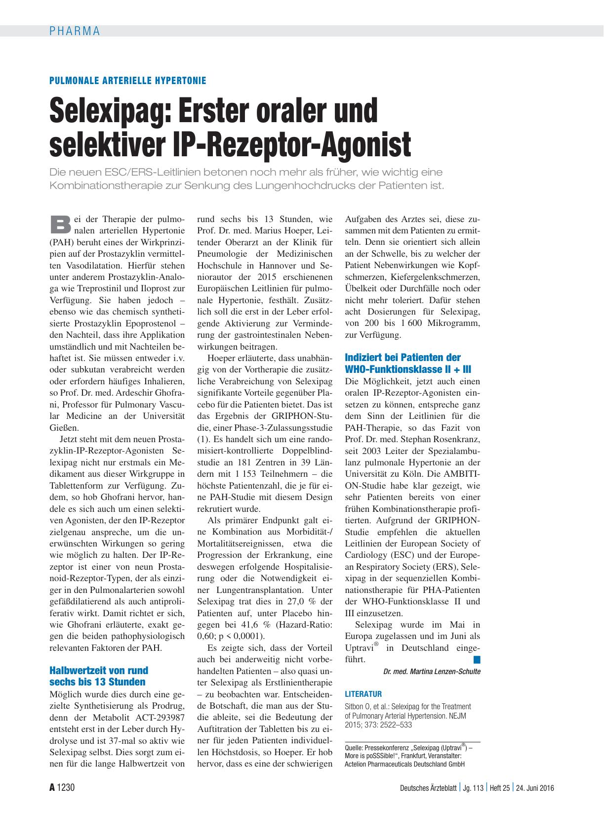 Vorschauseite 1: Pulmonale arterielle Hypertonie: Selexipag – Erster oraler und selektiver IP-Rezeptor-Agonist