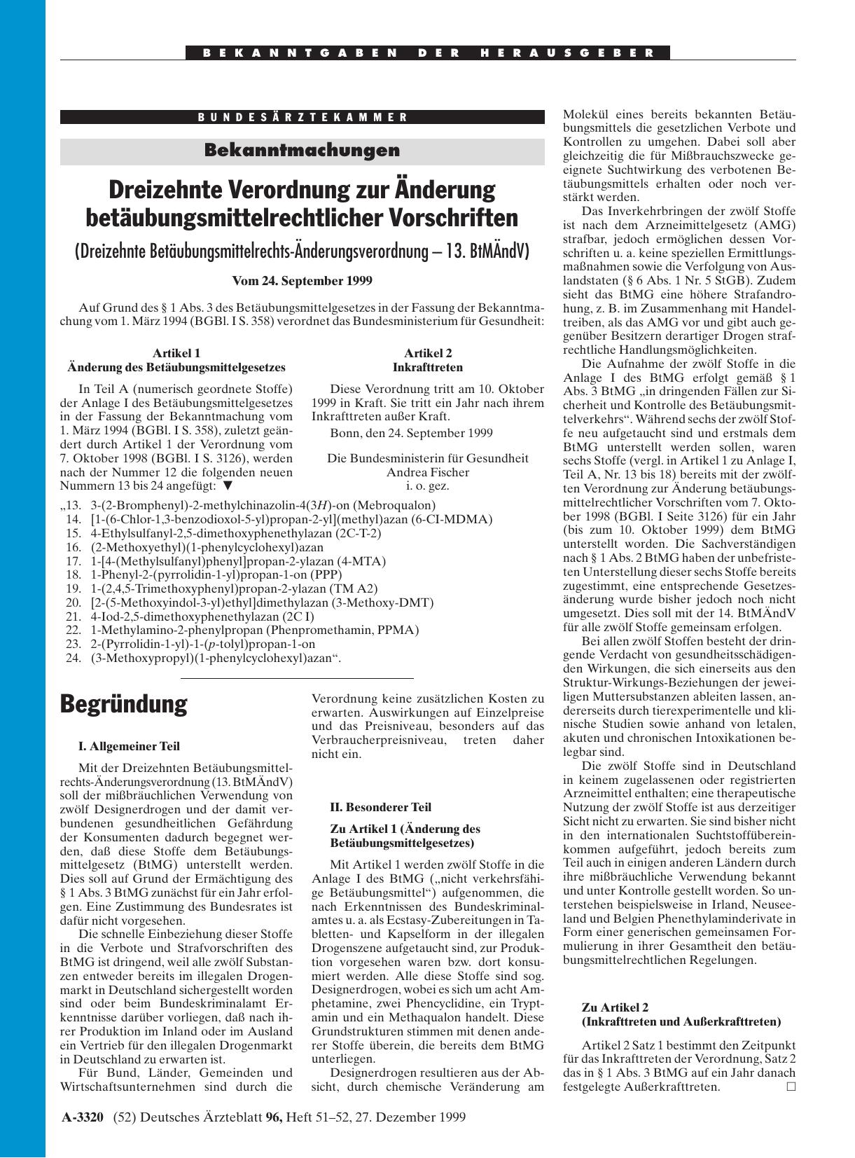 Vorschauseite 1: Dreizehnte Verordnung zur Änderung betäubungsmittelrechtlicher Vorschriften (Dreizehnte Betäubungsmittelrechts-Änderungsverordnung - 13. BtMÄndV) Vom 24. September 1999