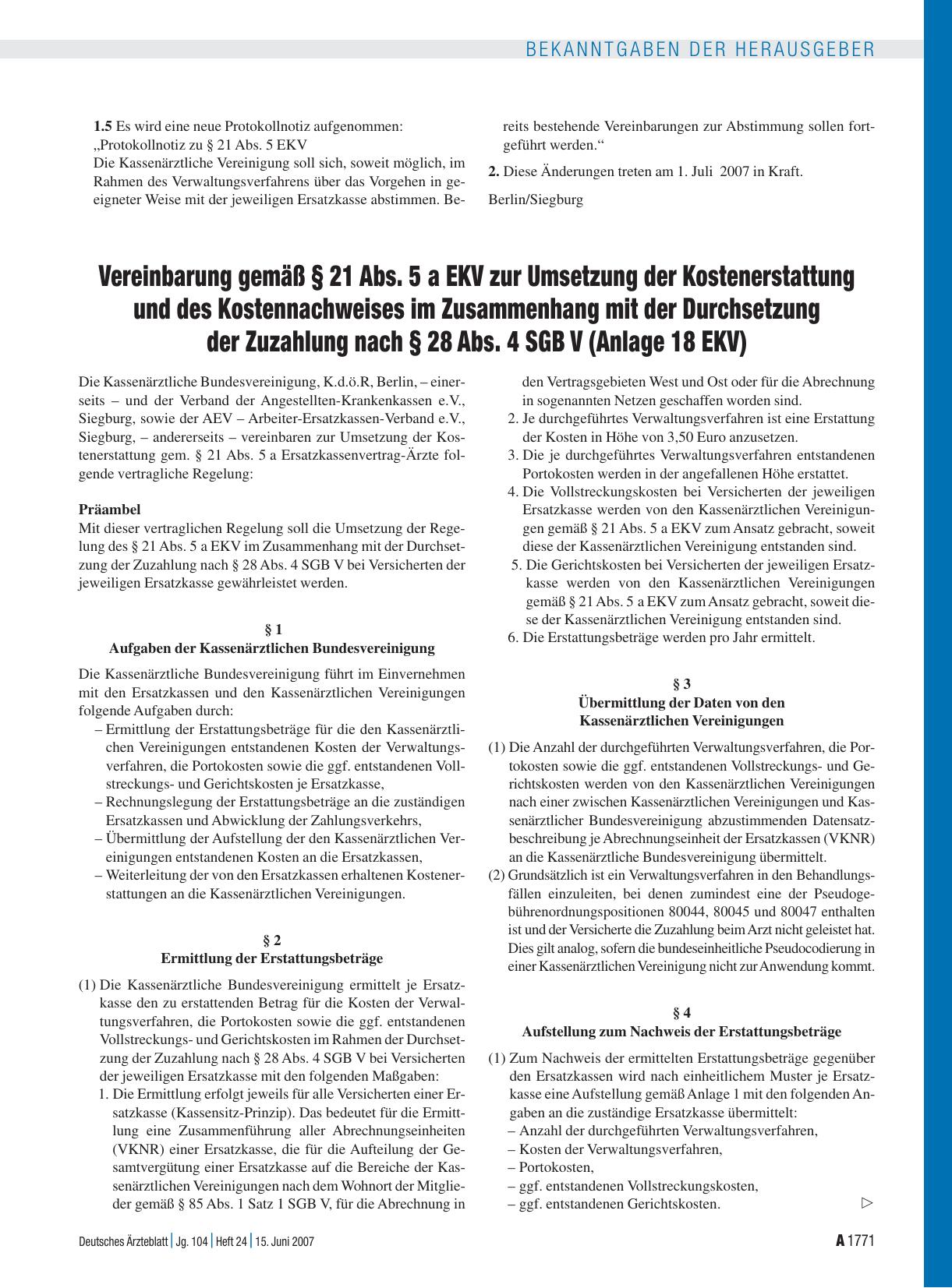 Vorschauseite 1: Vereinbarung gemäß § 21 Abs. 5 a EKV zur Umsetzung der Kostenerstattung und des Kostennachweises im Zusammenhang mit der Durchsetzung der Zuzahlung nach § 28 Abs. 4 SGB V (Anlage…