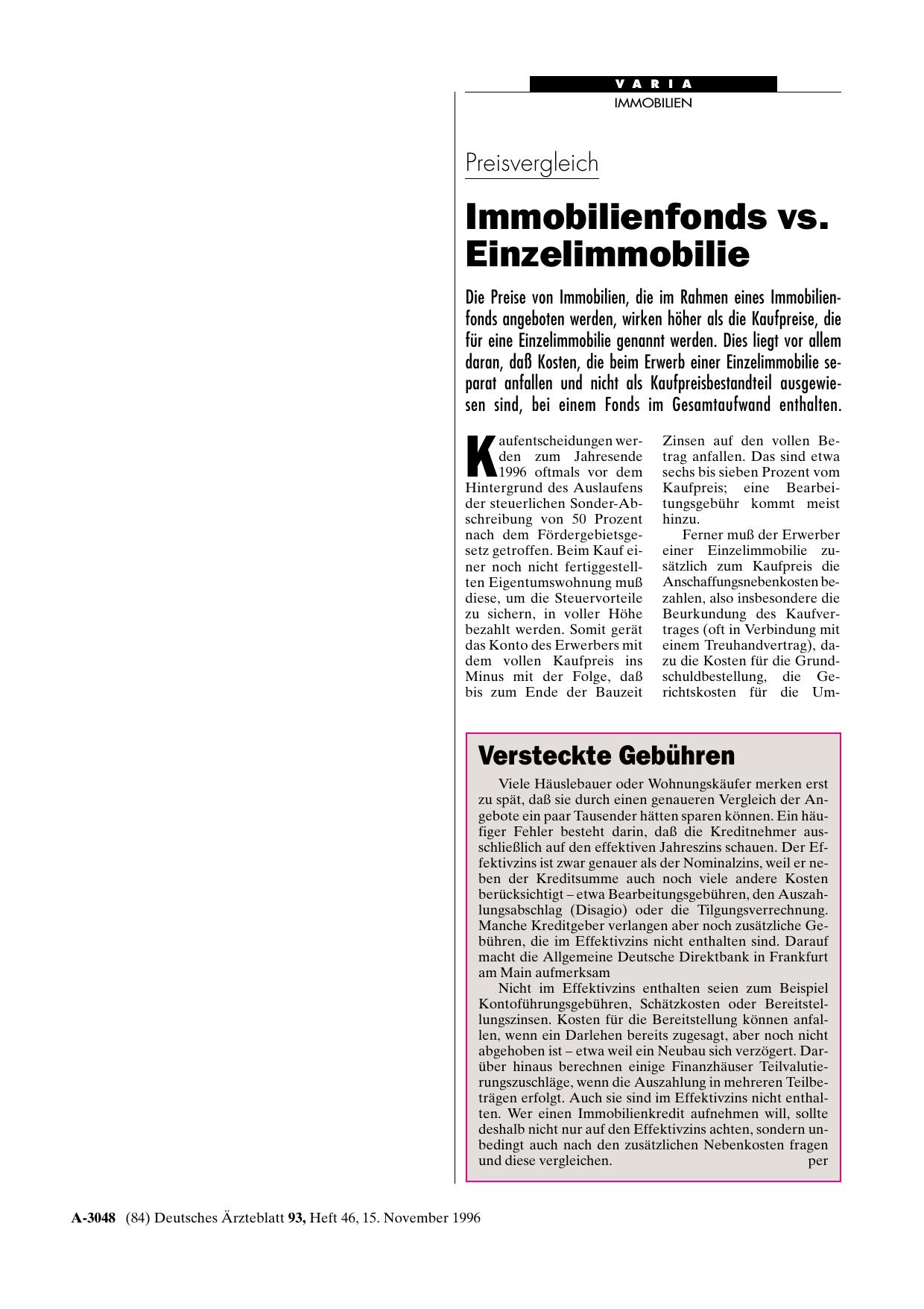Vorschauseite 1: Preisvergleich: Immobilienfonds vs. Einzelimmobilie
