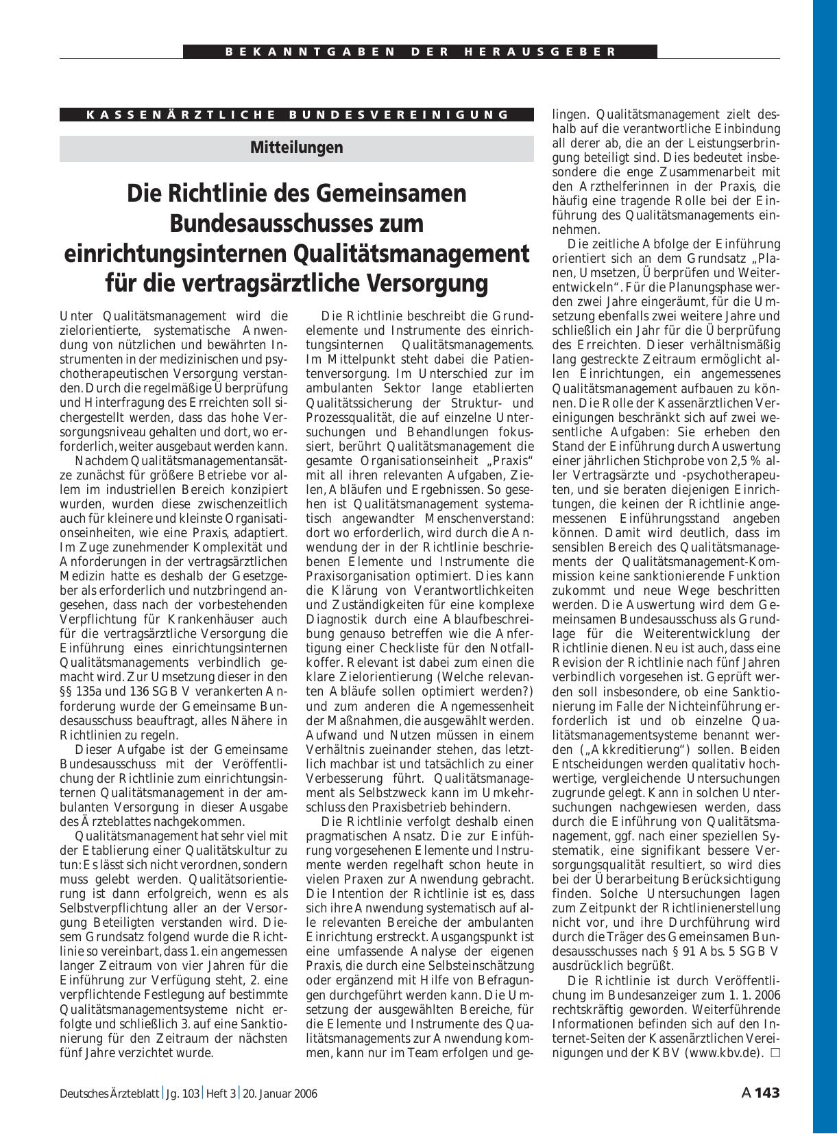 Vorschauseite 1: Mitteilungen: Die Richtlinie des Gemeinsamen Bundesausschusses zum einrichtungsinternen Qualitätsmanagement für die vertragsärztliche Versorgung