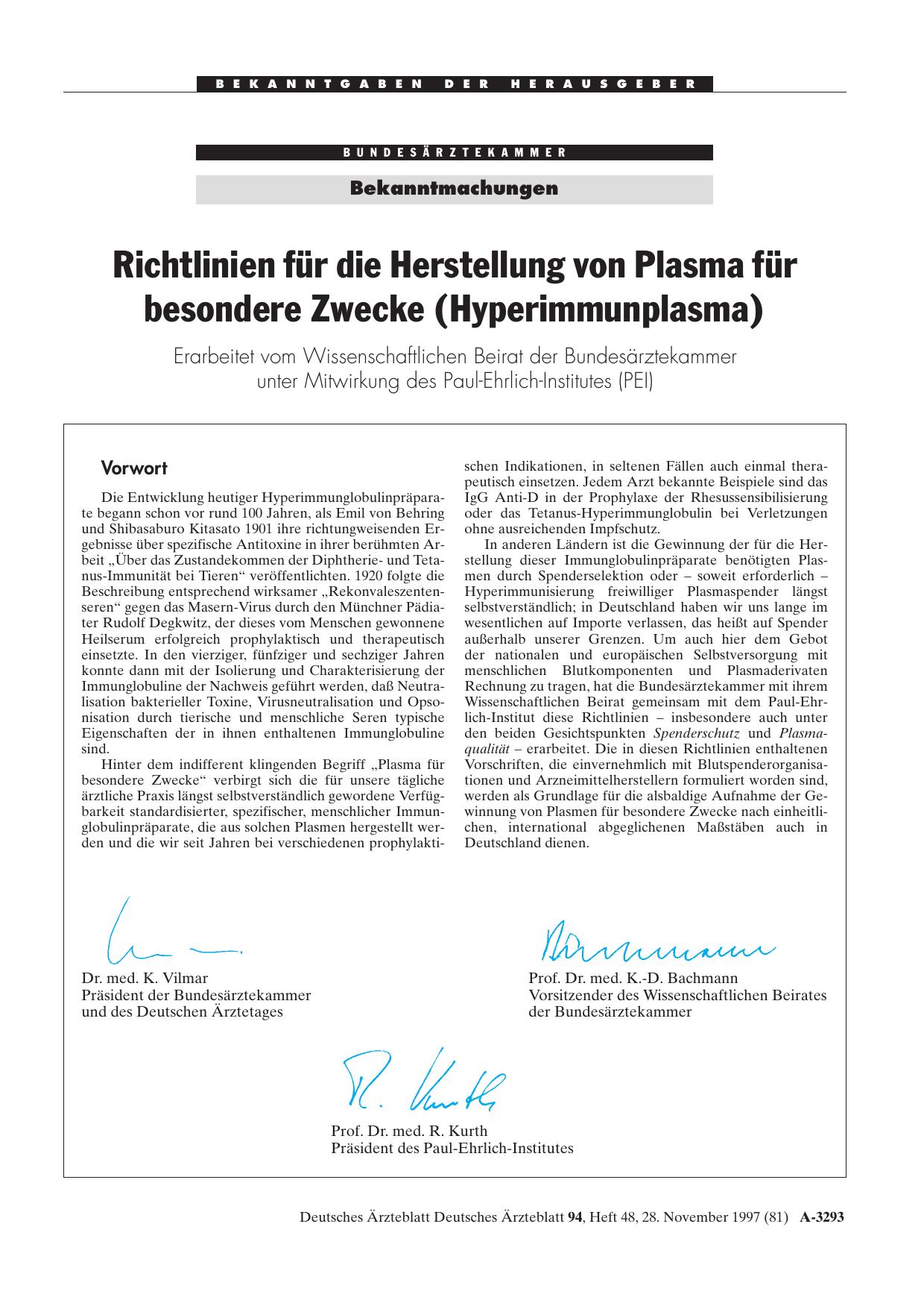 Vorschauseite 1: Bekanntmachungen: Richtlinien für die Herstellung von Plasma für besondere Zwecke (Hyperimmunplasma)