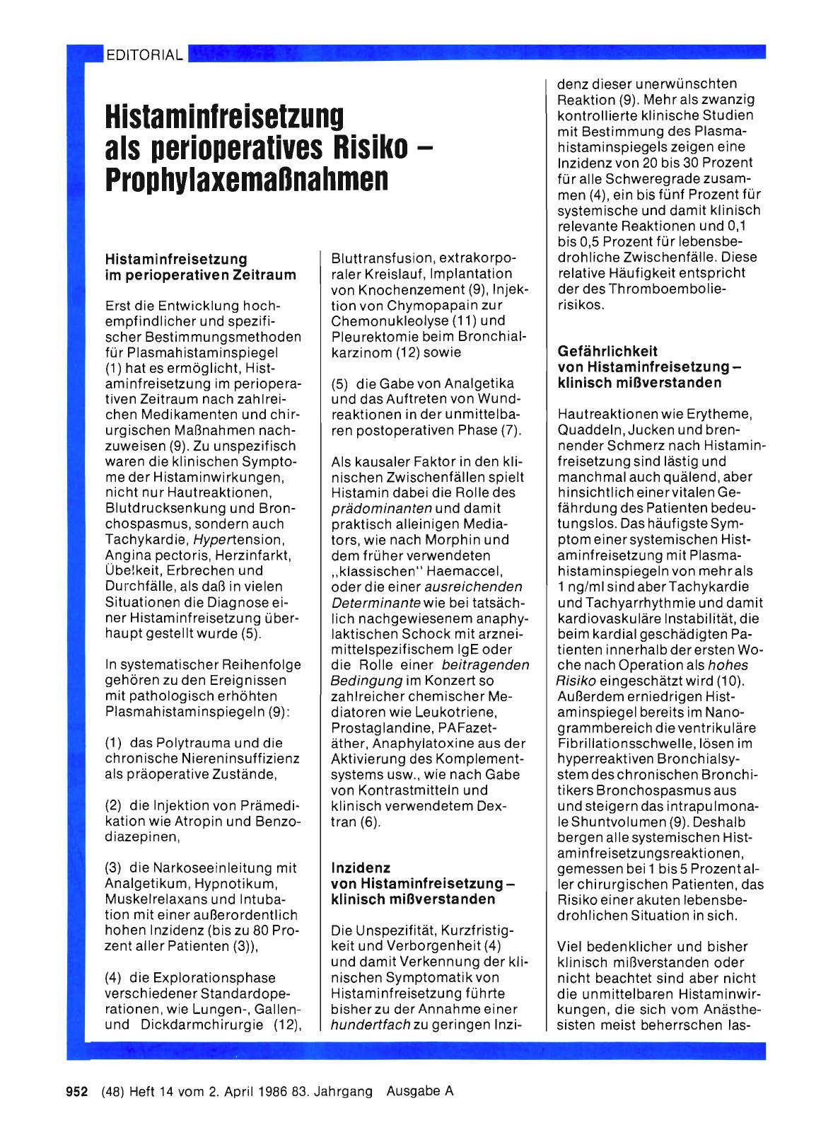 Vorschauseite 1: Histaminfreisetzung als perioperatives Risiko – Prophylaxemaßnahmen