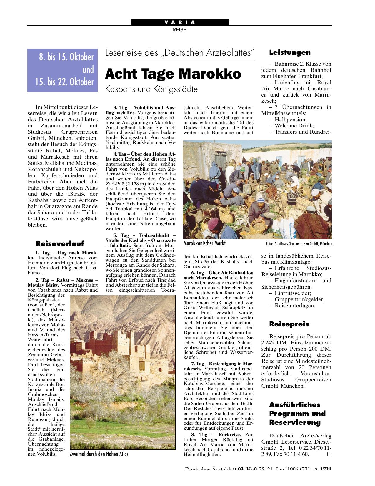Vorschauseite 1: Leserreise des „Deutschen Ärzteblattes“: Acht Tage Marokko Kasbahs und Königsstädte